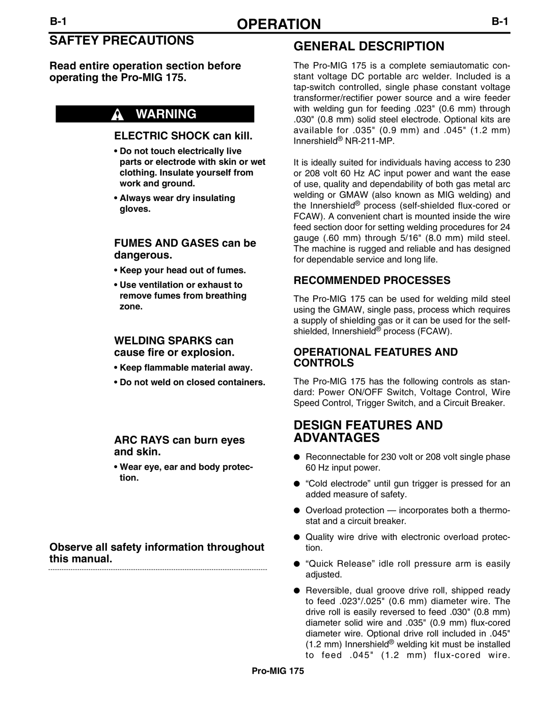 Lincoln Electric IM810 manual Operation, Saftey Precautions, General Description, Design Features Advantages 