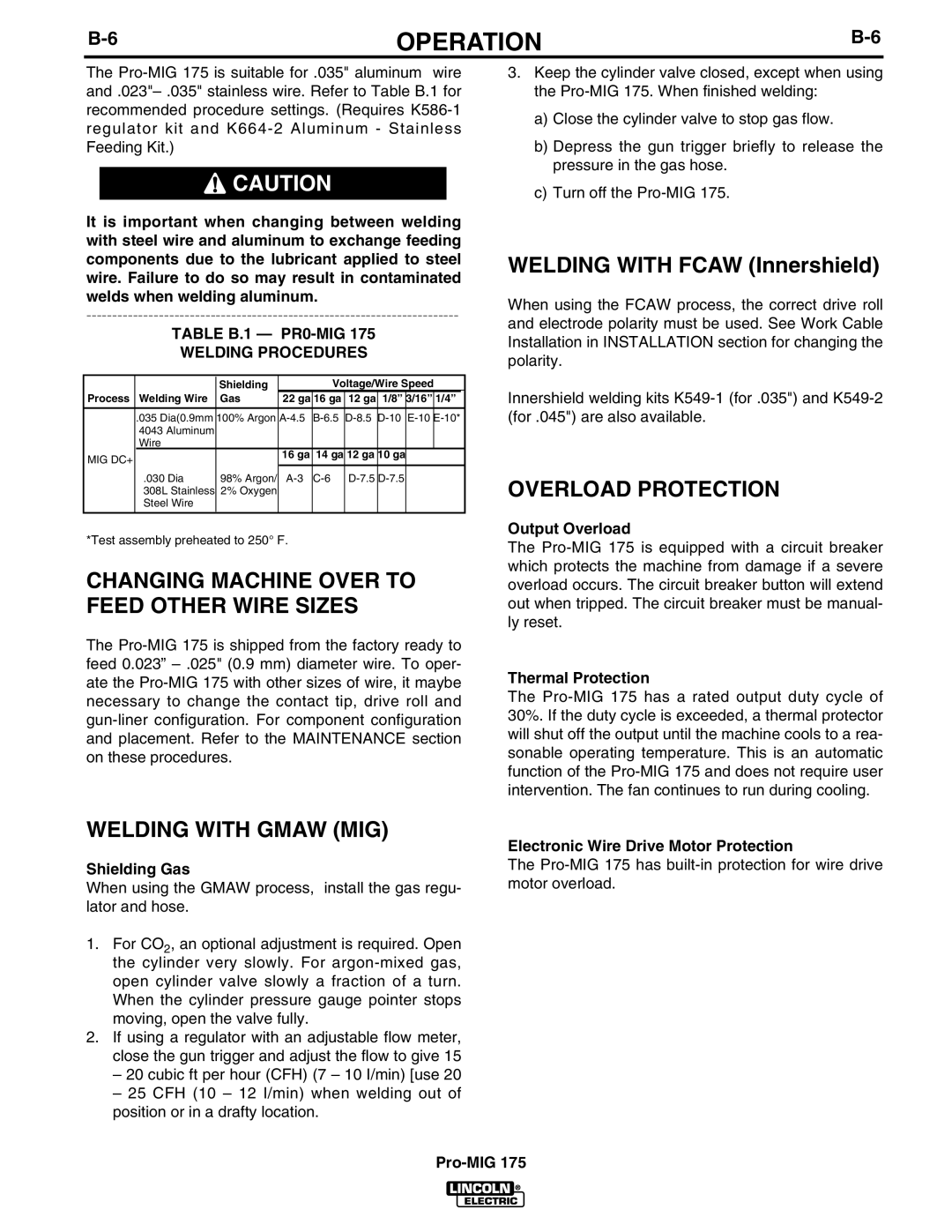 Lincoln Electric IM810 manual Changing Machine Over to Feed Other Wire Sizes, Welding with Gmaw MIG, Overload Protection 
