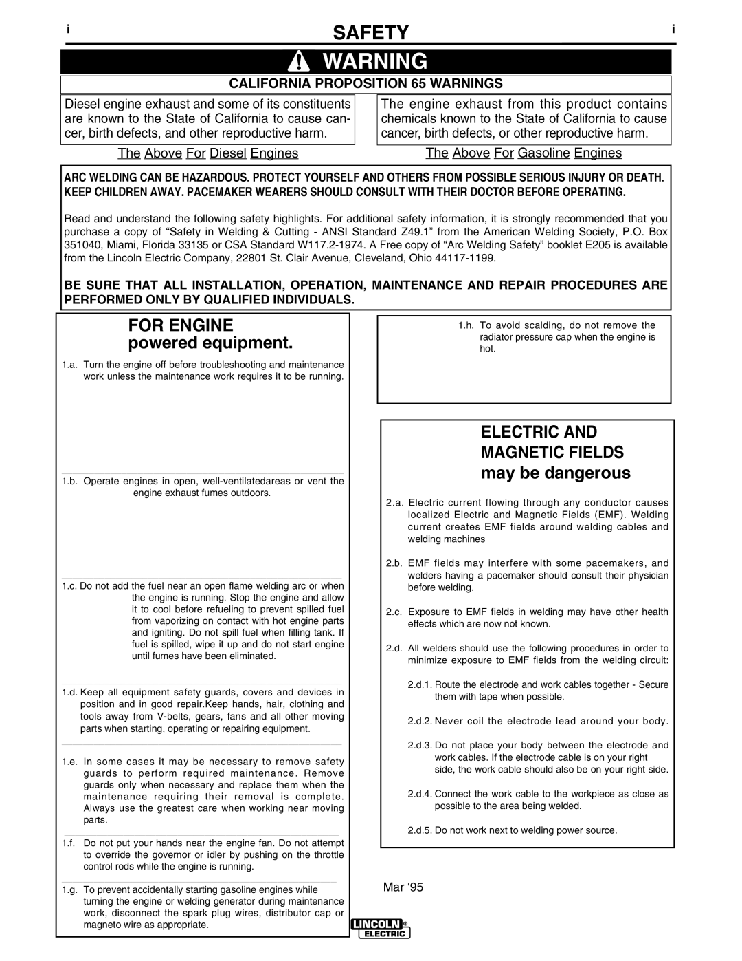 Lincoln Electric IM810 manual Safety, California Proposition 65 Warnings 