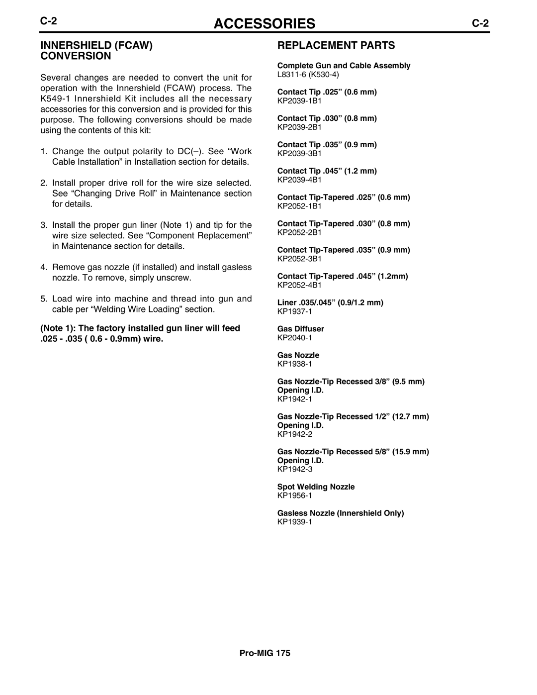 Lincoln Electric IM810 manual Innershield Fcaw Conversion, Replacement Parts, 025 .035 0.6 0.9mm wire 