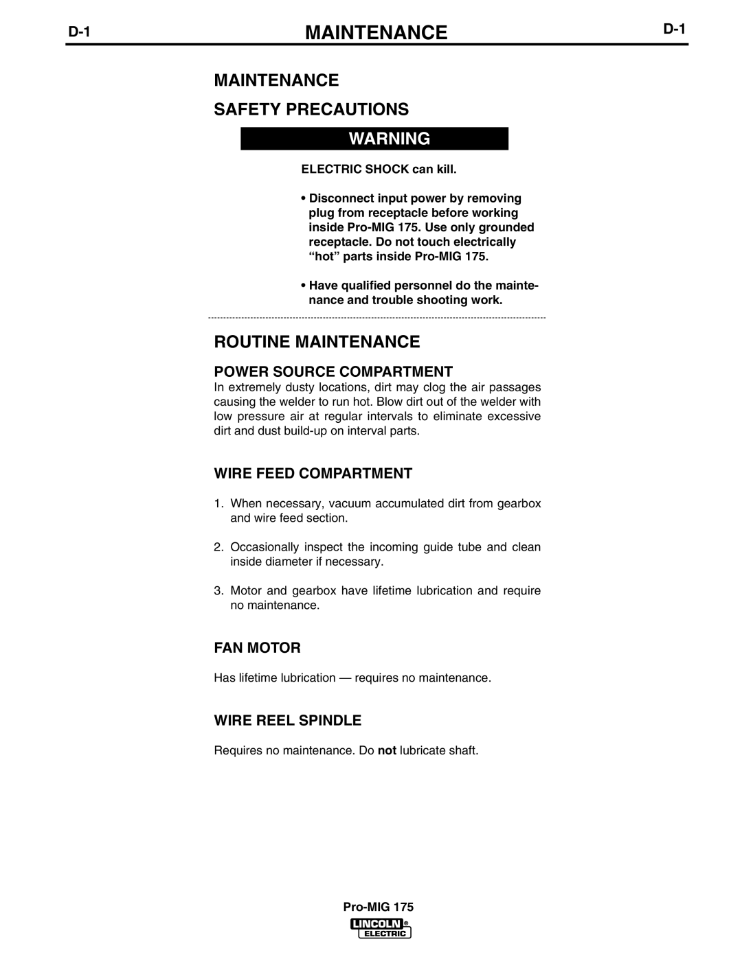 Lincoln Electric IM810 manual Maintenance Safety Precautions, Routine Maintenance 