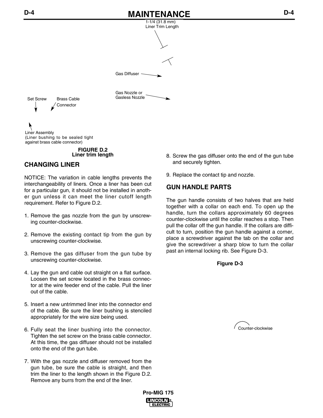Lincoln Electric IM810 manual Changing Liner, GUN Handle Parts, Liner trim length 