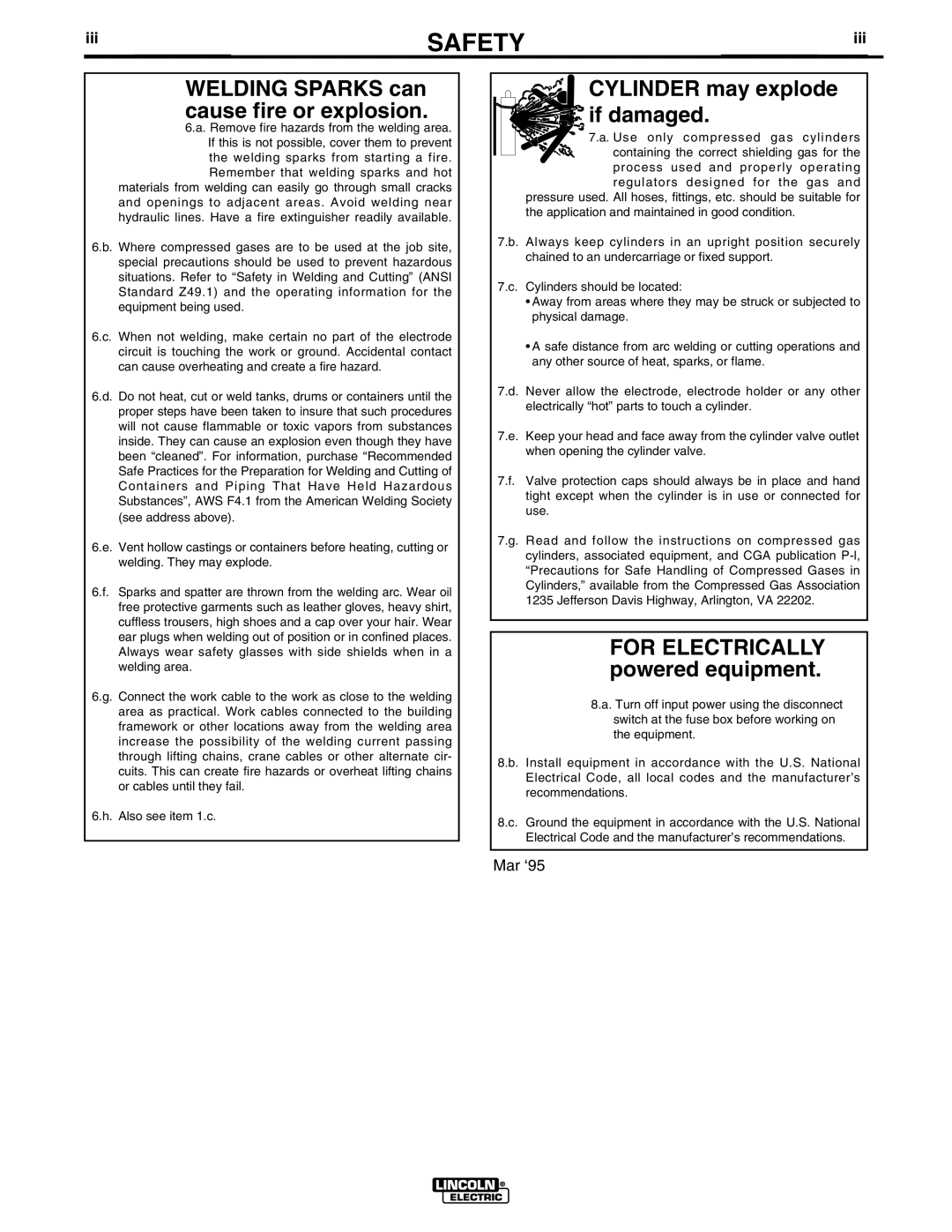 Lincoln Electric IM810 manual Welding Sparks can cause fire or explosion, Iii 