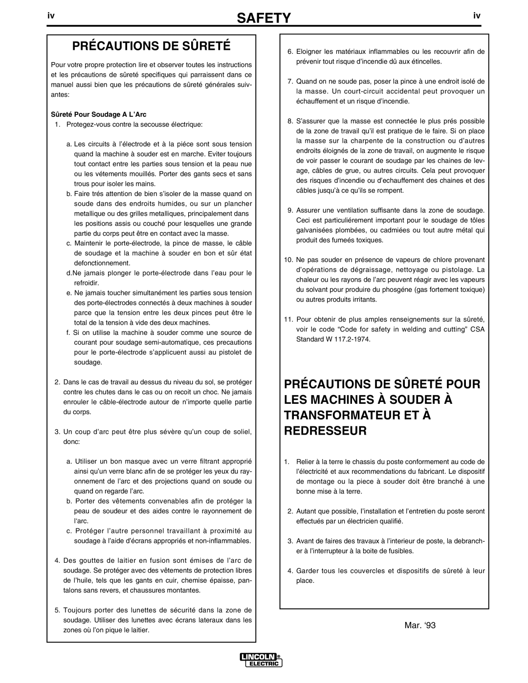 Lincoln Electric IM810 manual Précautions DE Sûreté, Sûreté Pour Soudage a L’Arc 