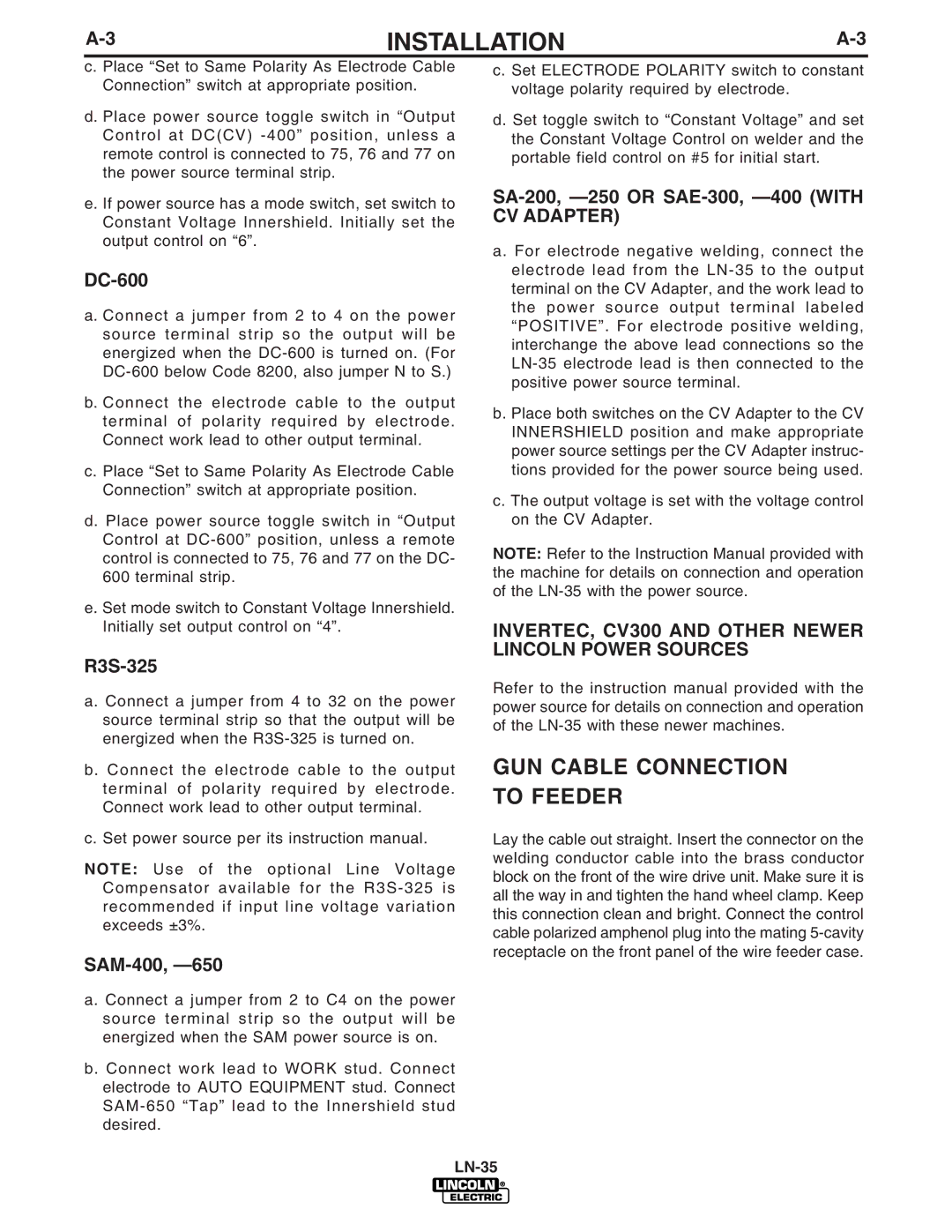 Lincoln Electric IM812-A GUN Cable Connection to Feeder, CV Adapter, INVERTEC, CV300 and Other Newer Lincoln Power Sources 