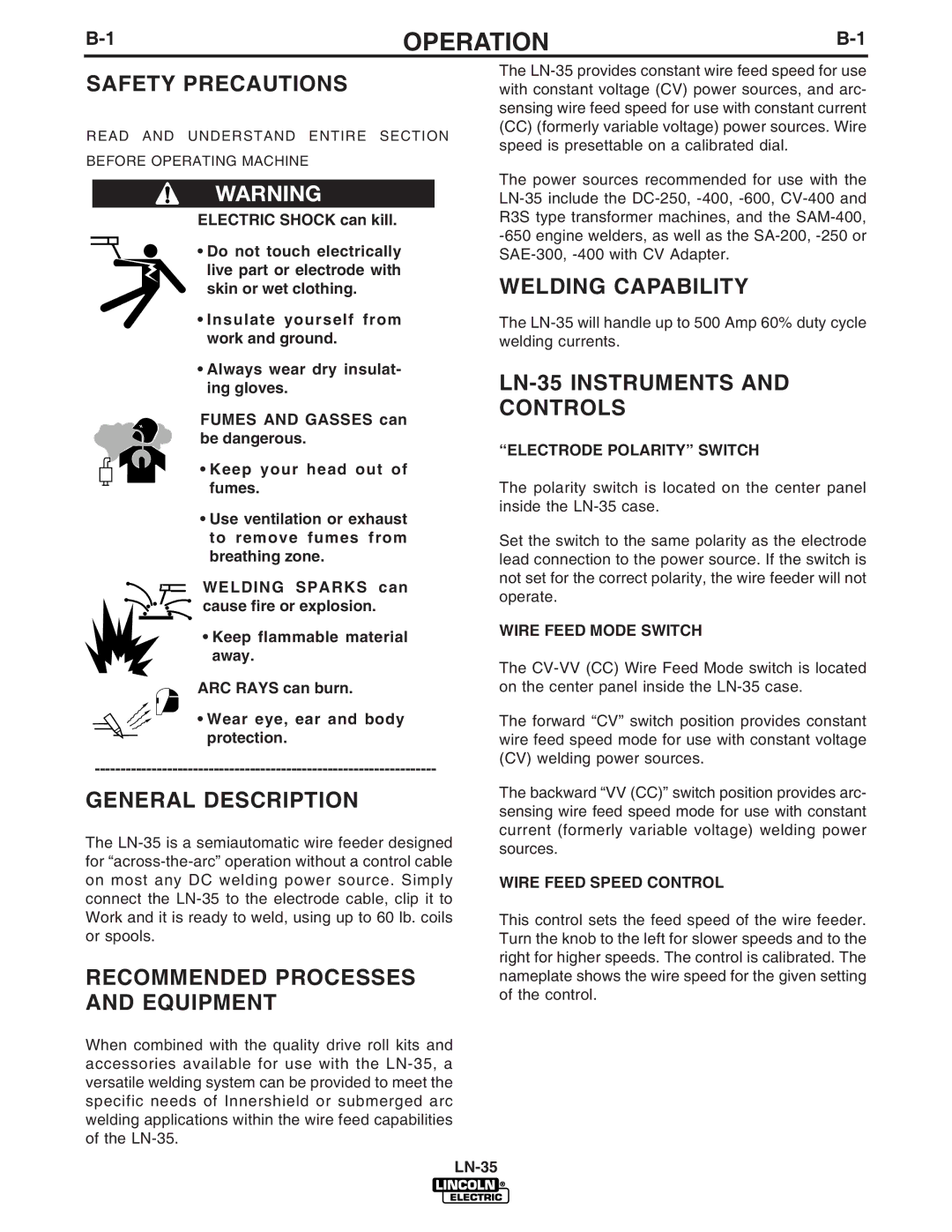 Lincoln Electric IM812-A manual Operation, General Description, Recommended Processes and Equipment, Welding Capability 