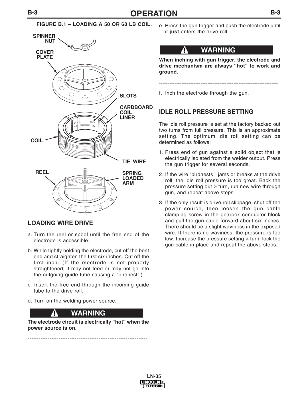 Lincoln Electric IM812-A manual Idle Roll Pressure Setting, Loading Wire Drive 