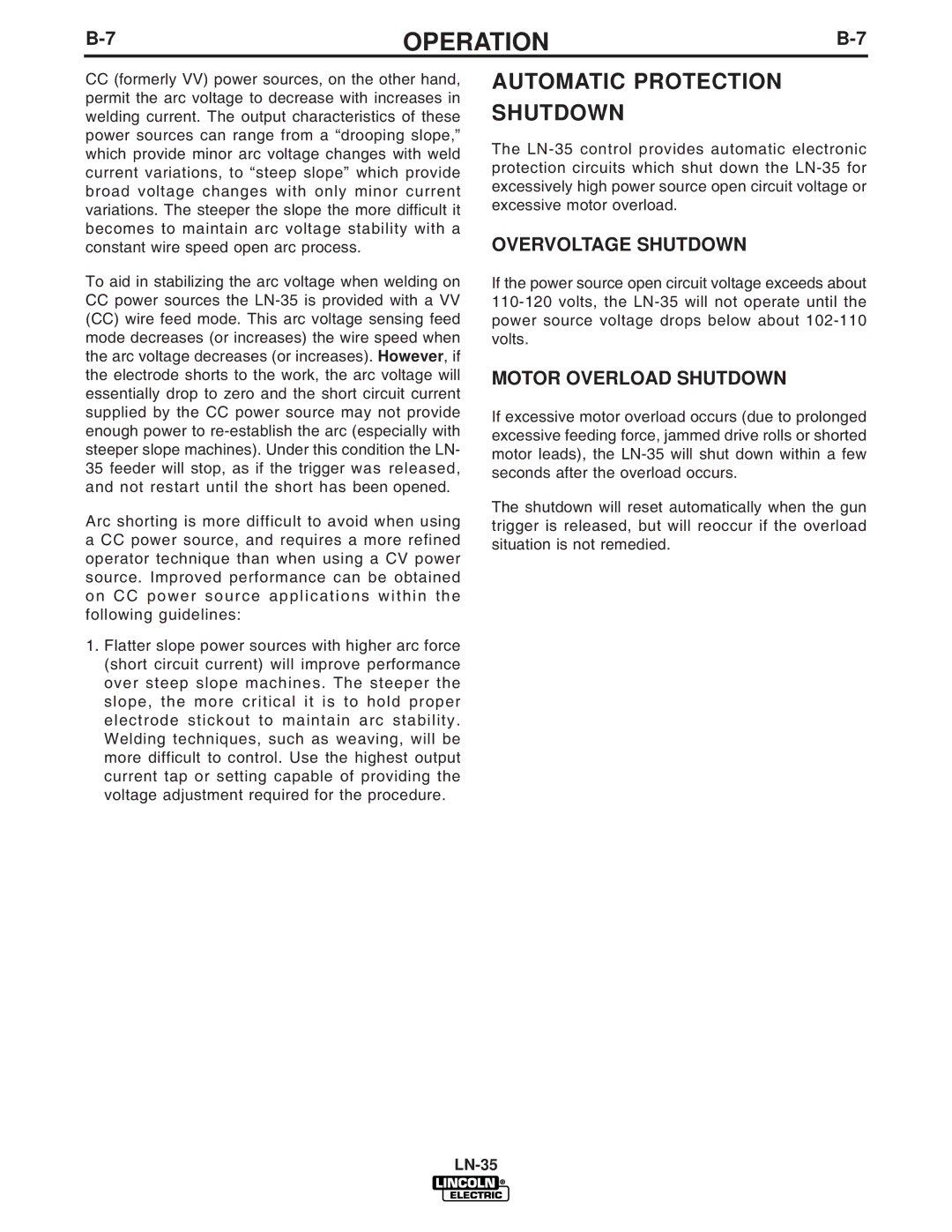 Lincoln Electric IM812-A manual Automatic Protection Shutdown, Overvoltage Shutdown, Motor Overload Shutdown 