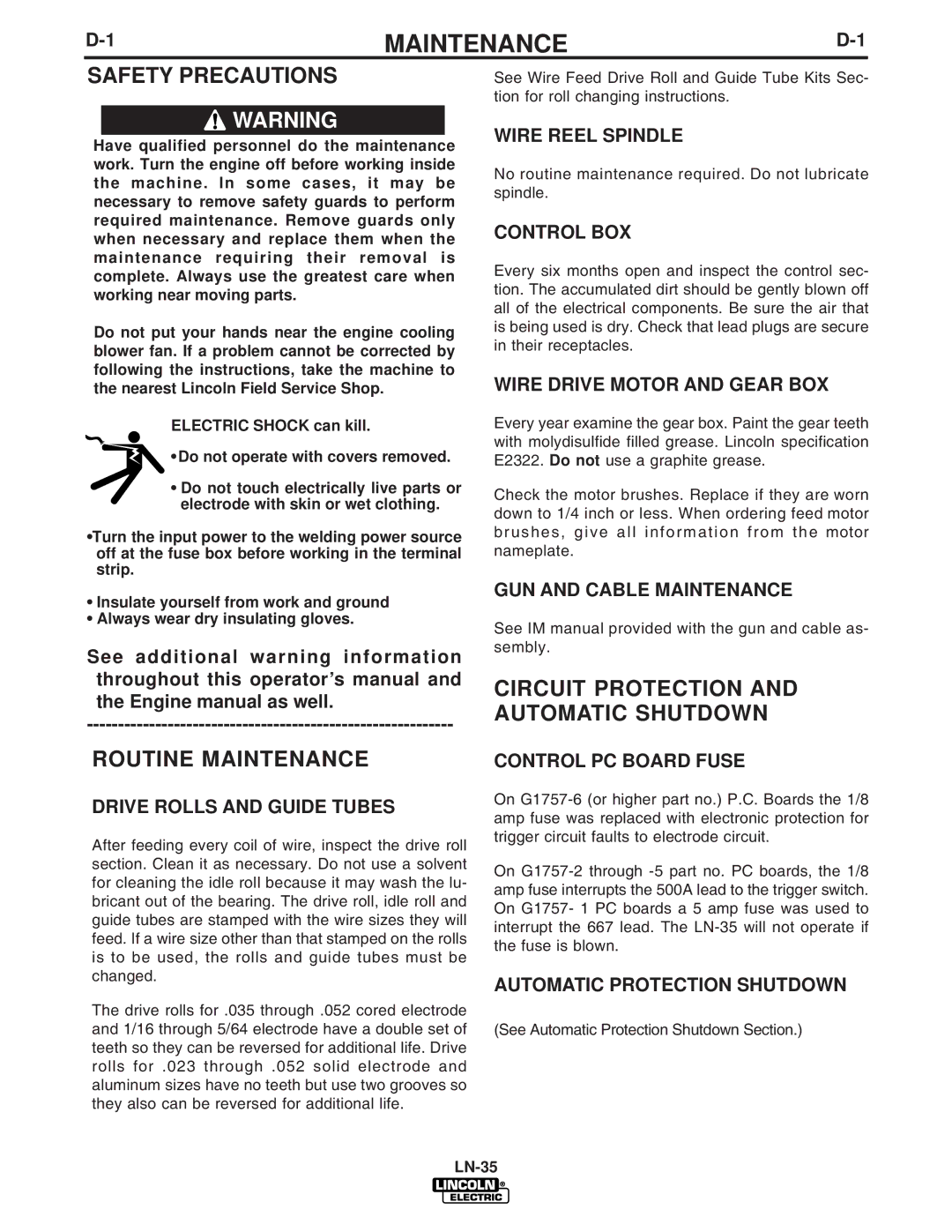 Lincoln Electric IM812-A manual Routine Maintenance, Circuit Protection and Automatic Shutdown 