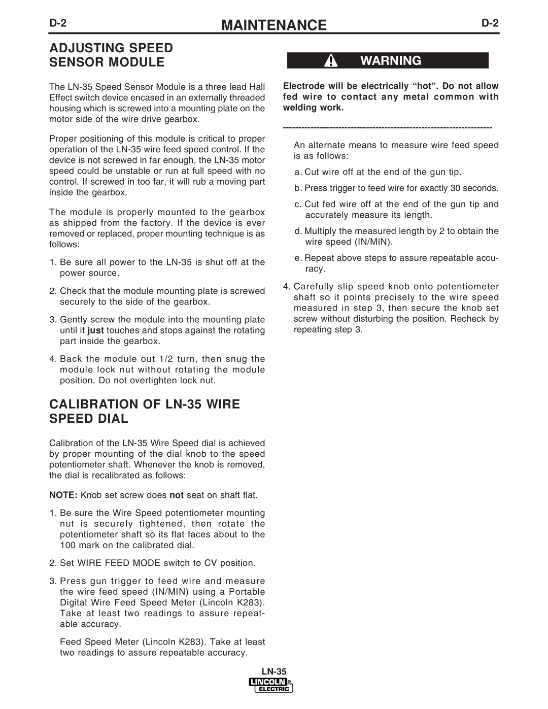 Lincoln Electric IM812-A manual Adjusting Speed Sensor Module, Calibration of LN-35 Wire Speed Dial 