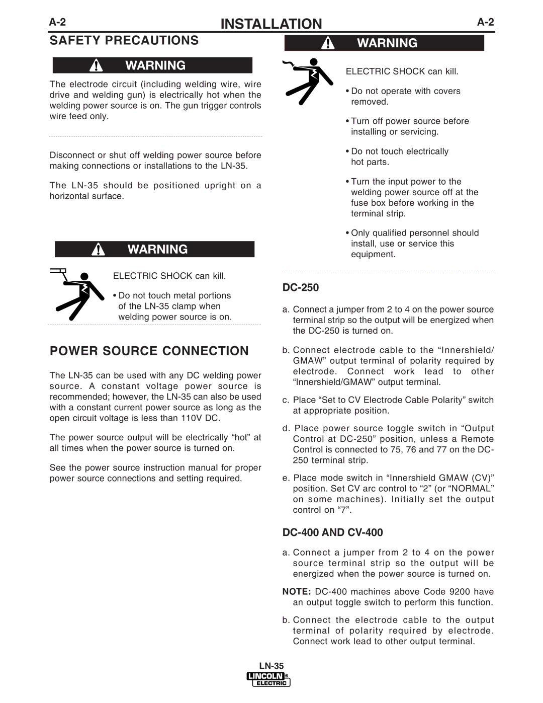 Lincoln Electric IM812-A manual Safety Precautions, Power Source Connection 