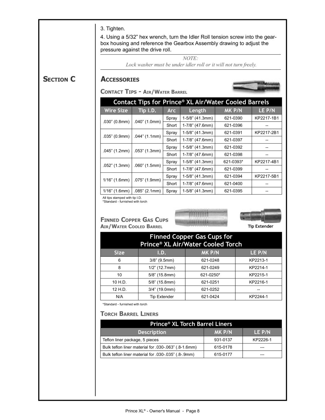 Lincoln Electric IM818 manual Contact Tips for Prince XL Air/Water Cooled Barrels 