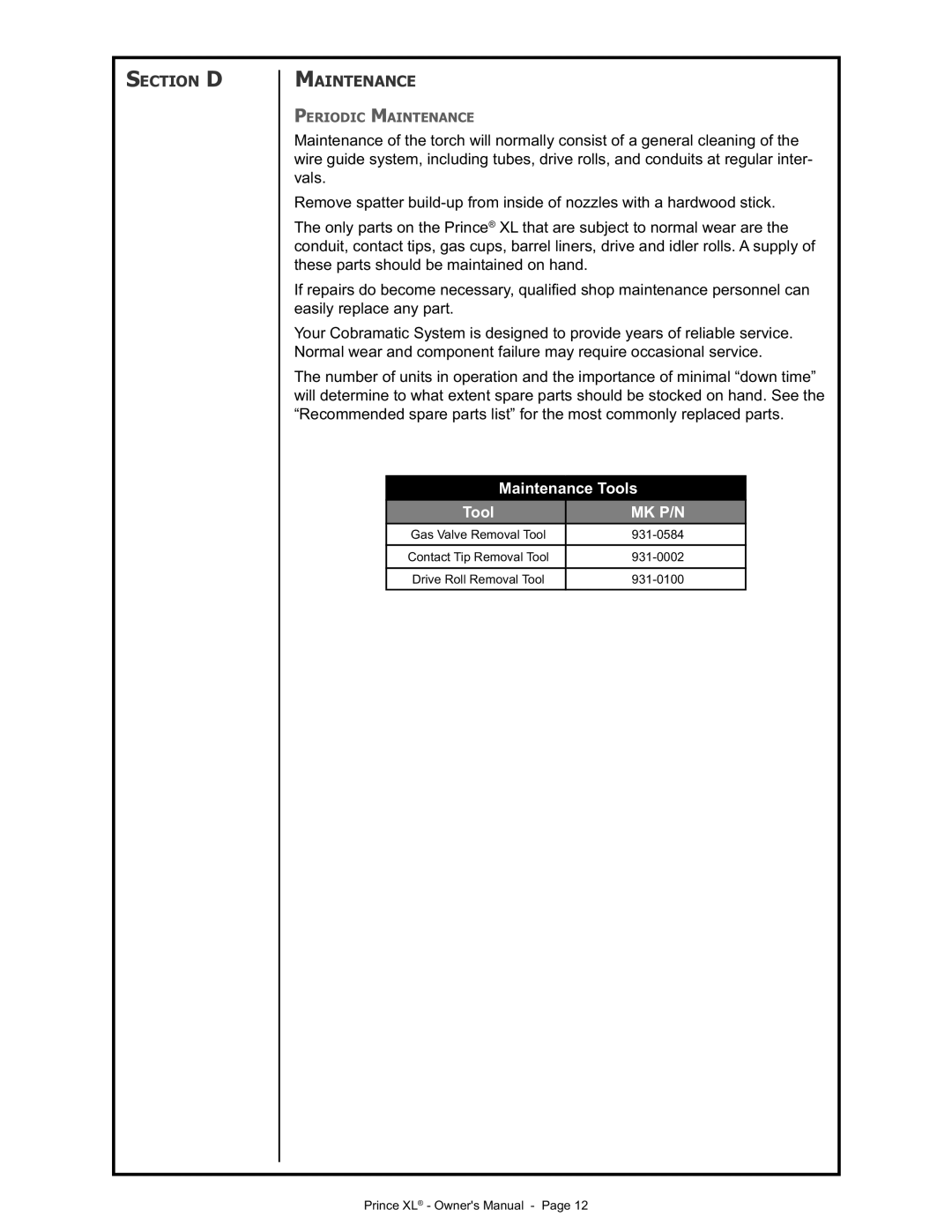 Lincoln Electric IM818 manual Section D Maintenance, Maintenance Tools 