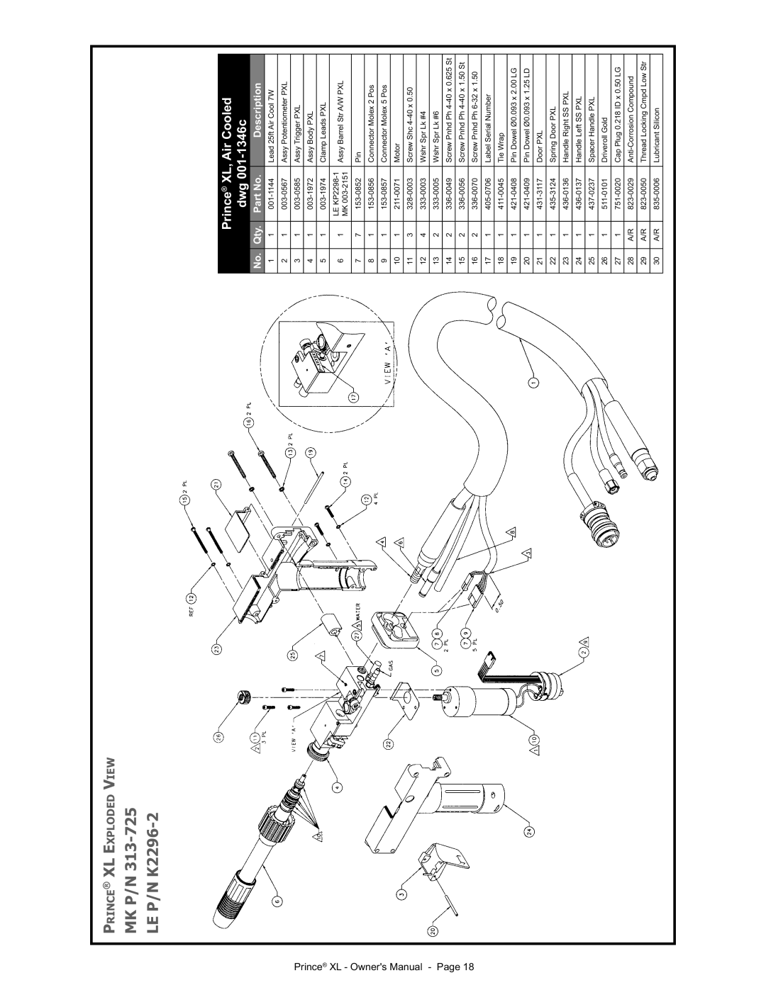 Lincoln Electric IM818 manual MK P/N LE P/N K2296-2, Prince XL, Air Cooled Dwg 001-1346c 