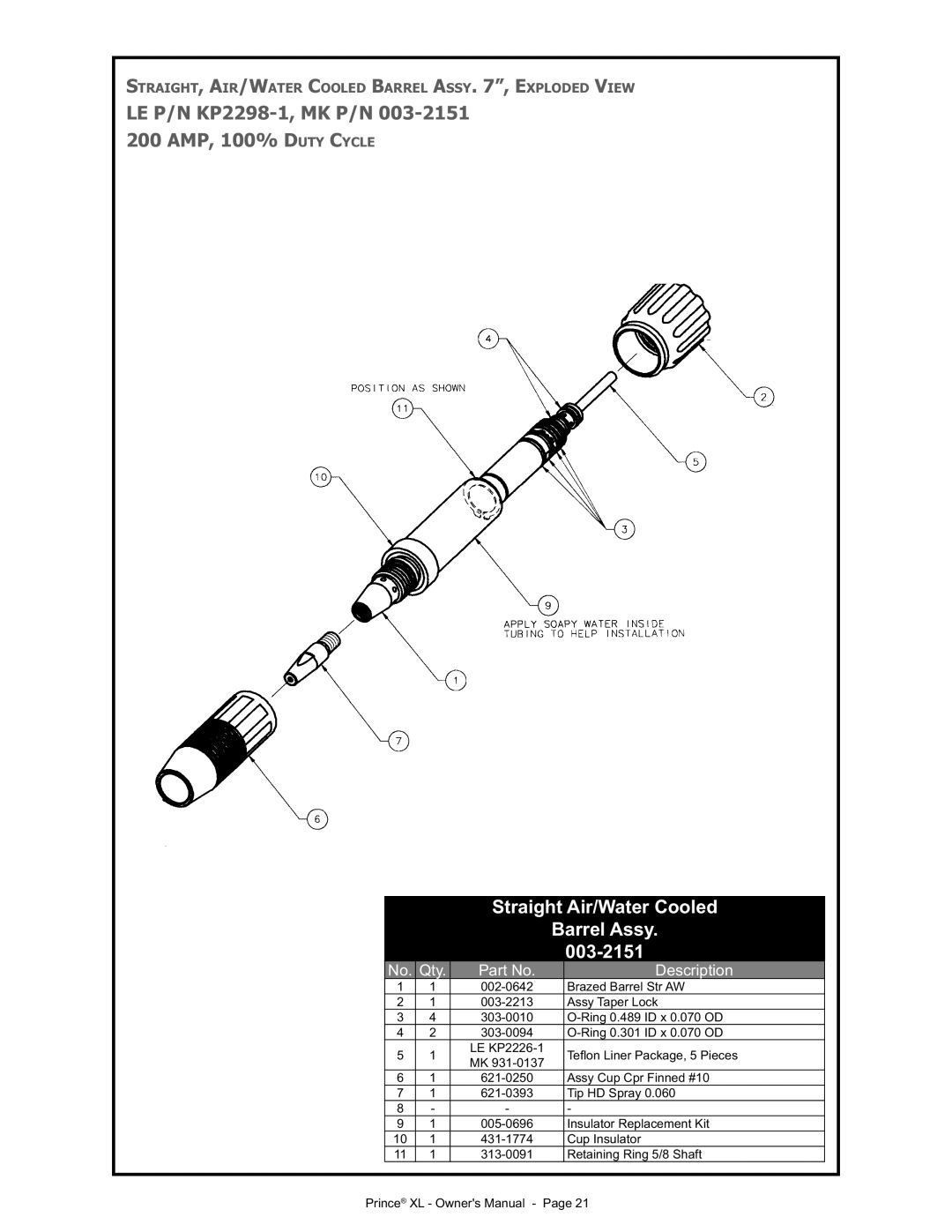 Lincoln Electric IM818 manual Straight Air/Water Cooled, 003-2151 