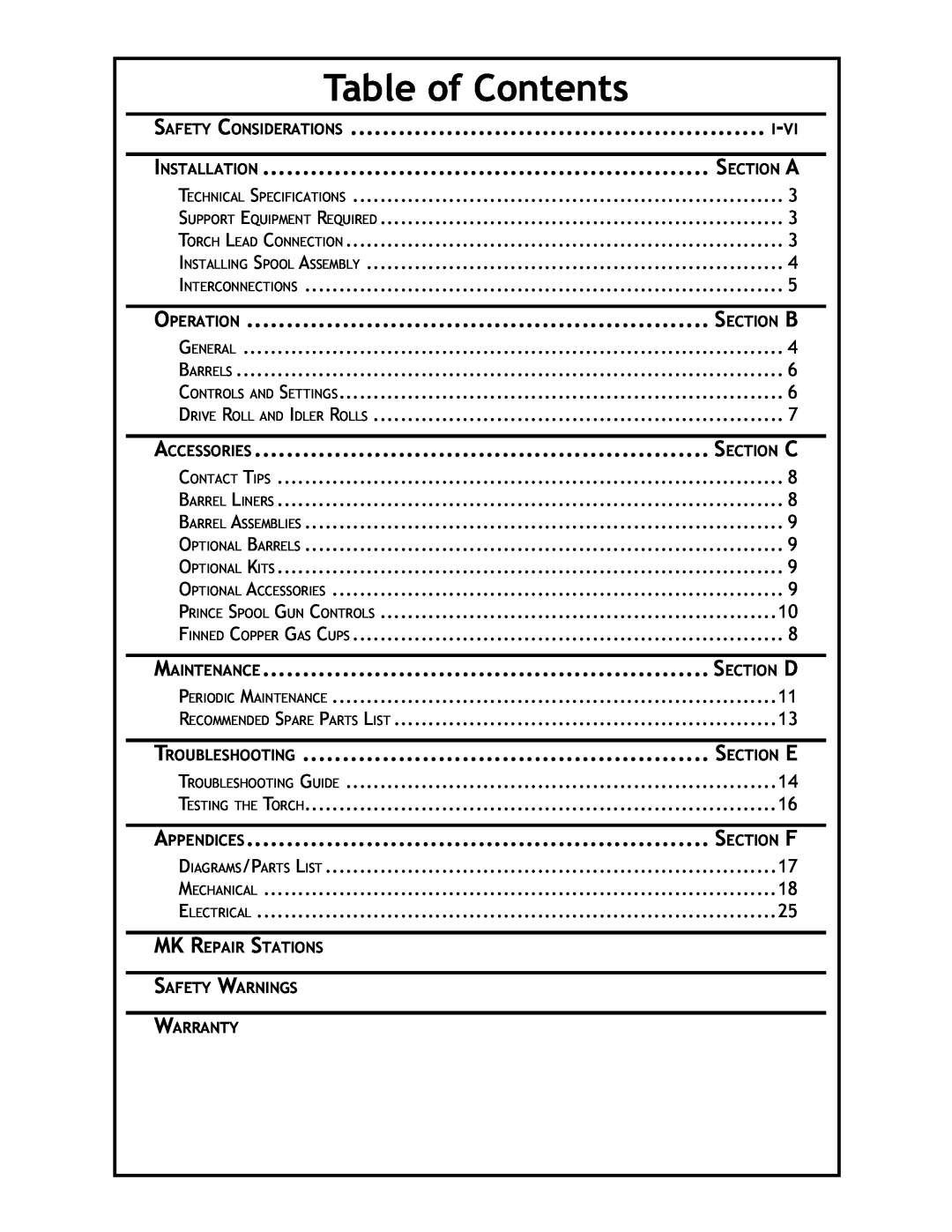 Lincoln Electric IM818 manual Table of Contents, Safety Considerations, Installation, Operation, Accessories, Maintenance 