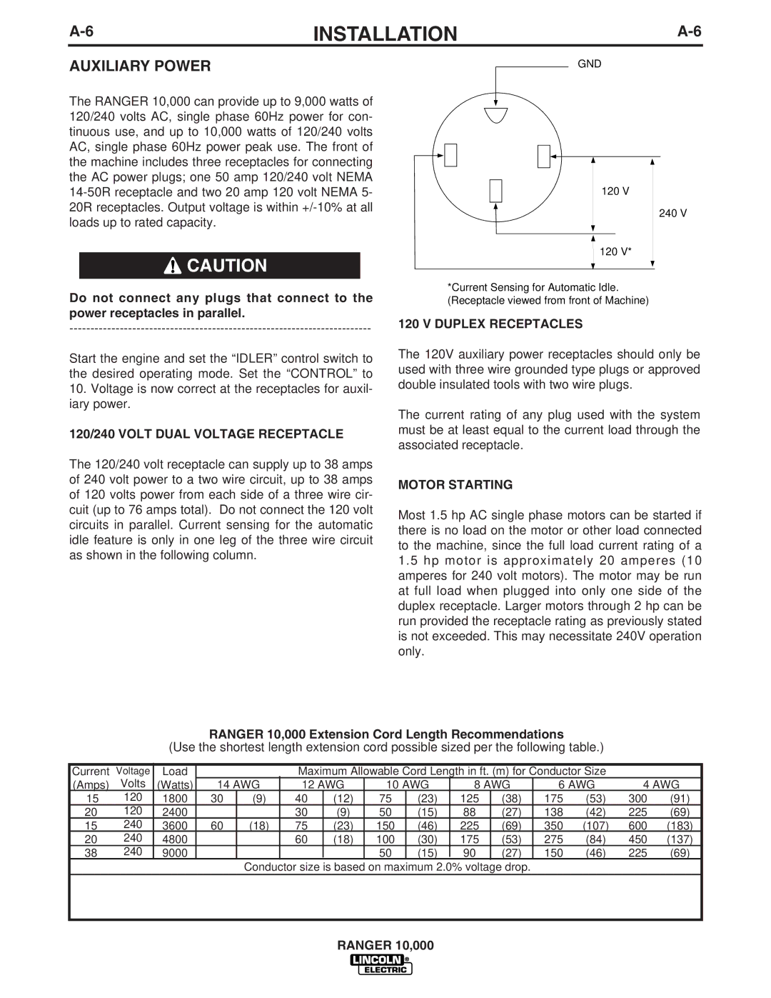 Lincoln Electric IM819-B manual 120/240 Volt Dual Voltage Receptacle, Duplex Receptacles, Motor Starting 