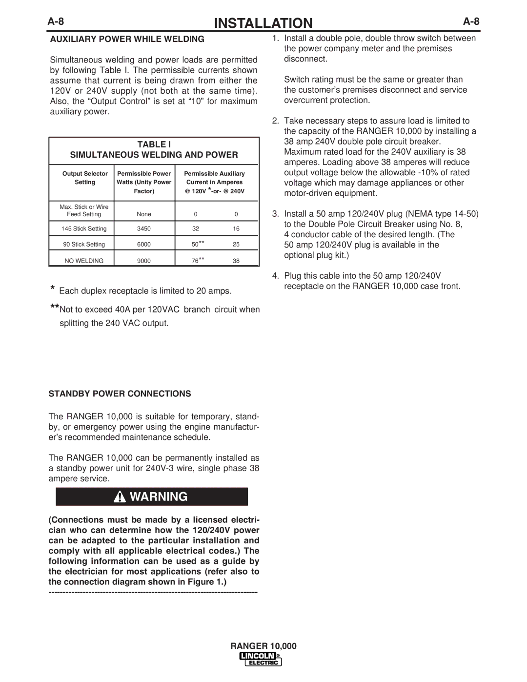 Lincoln Electric IM819-B manual Auxiliary Power While Welding, Simultaneous Welding and Power, Standby Power Connections 