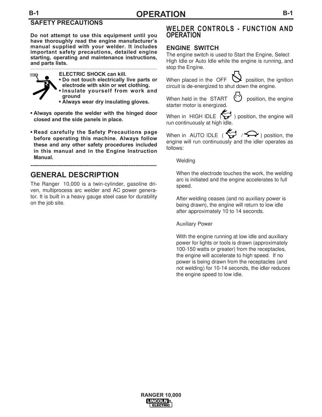 Lincoln Electric IM819-B manual General Description, Welder Controls Function and Operation, Engine Switch 