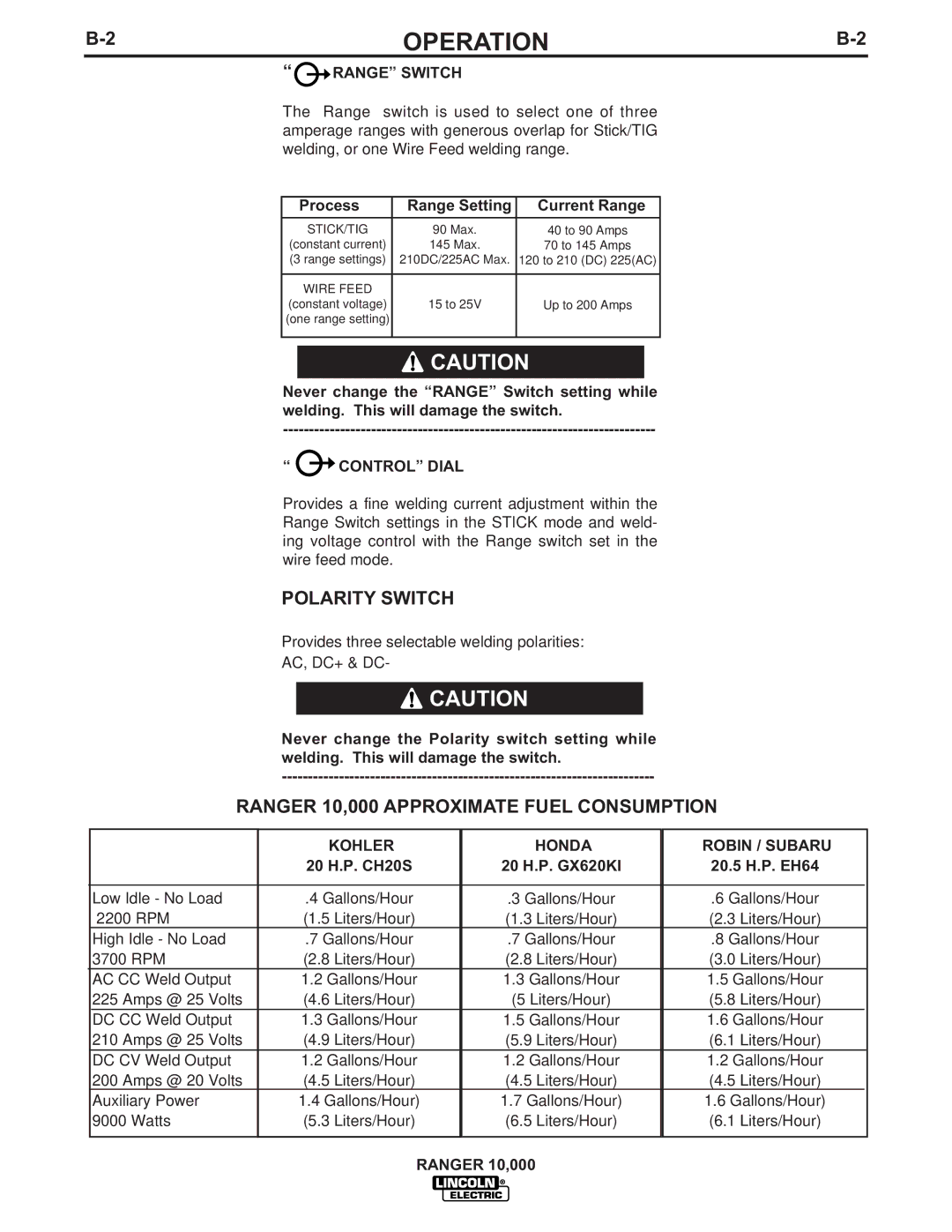 Lincoln Electric IM819-B manual Polarity Switch, Ranger 10,000 Approximate Fuel Consumption, Range Switch, Control Dial 