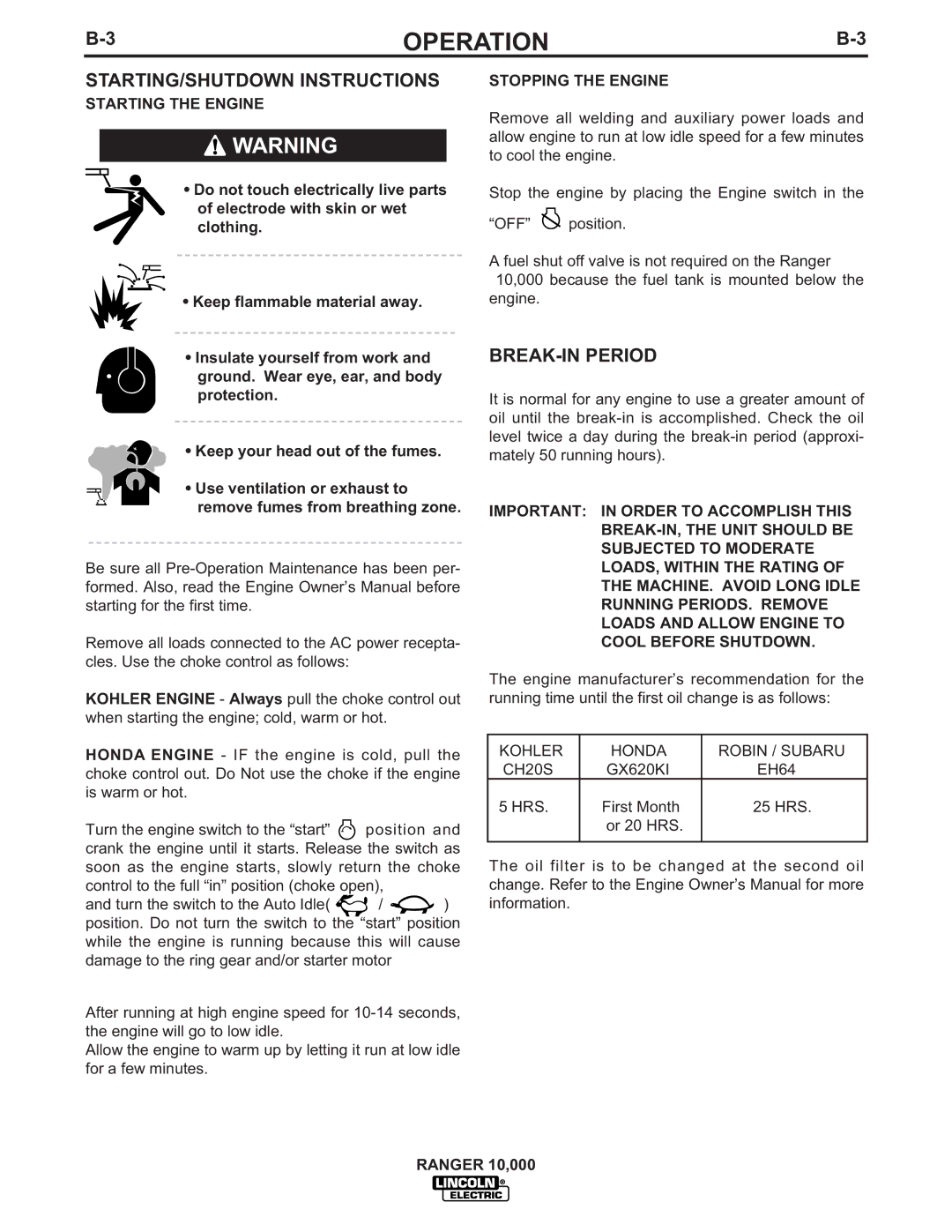 Lincoln Electric IM819-B manual STARTING/SHUTDOWN Instructions, BREAK-IN Period, Starting the Engine, Stopping the Engine 