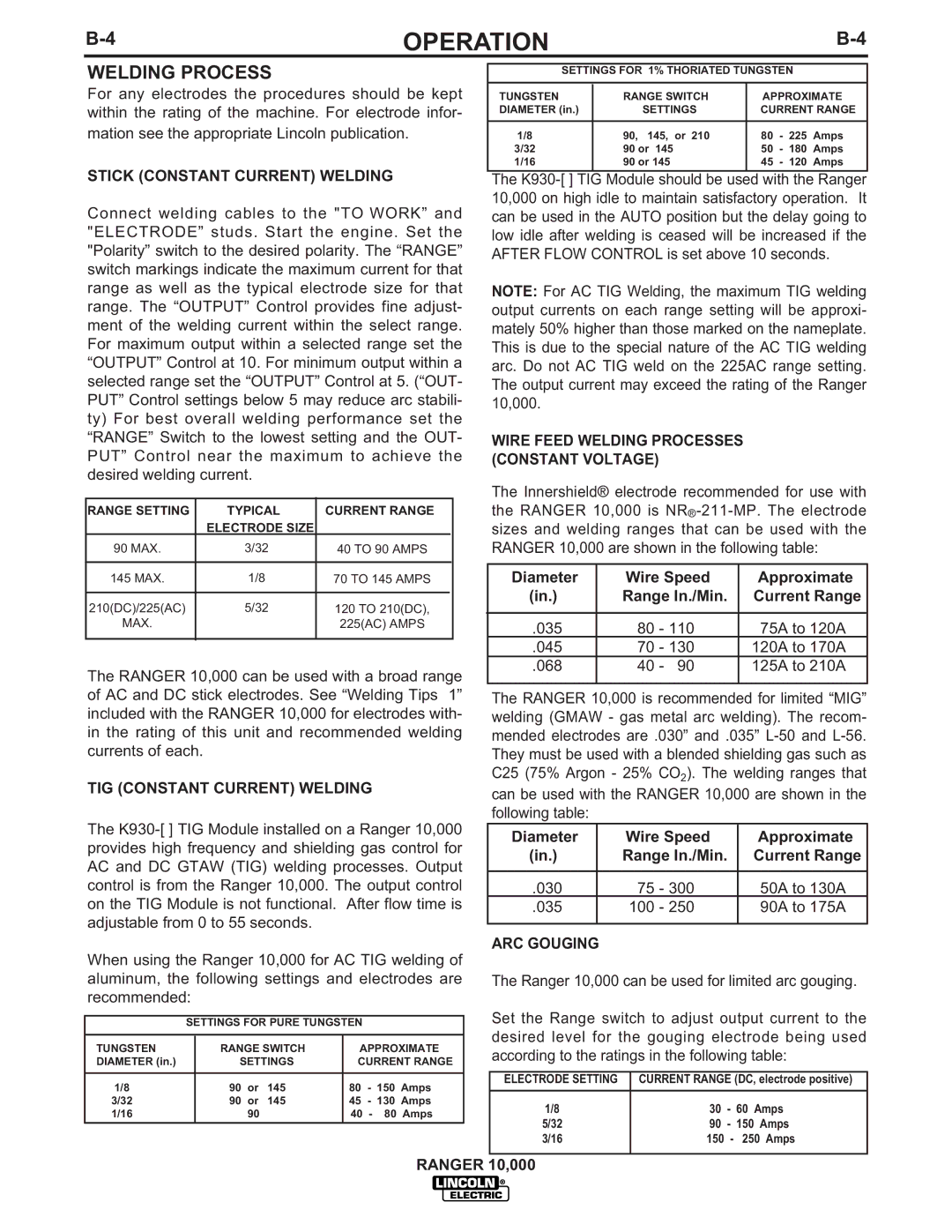 Lincoln Electric IM819-B manual Welding Process, Stick Constant Current Welding, TIG Constant Current Welding, ARC Gouging 