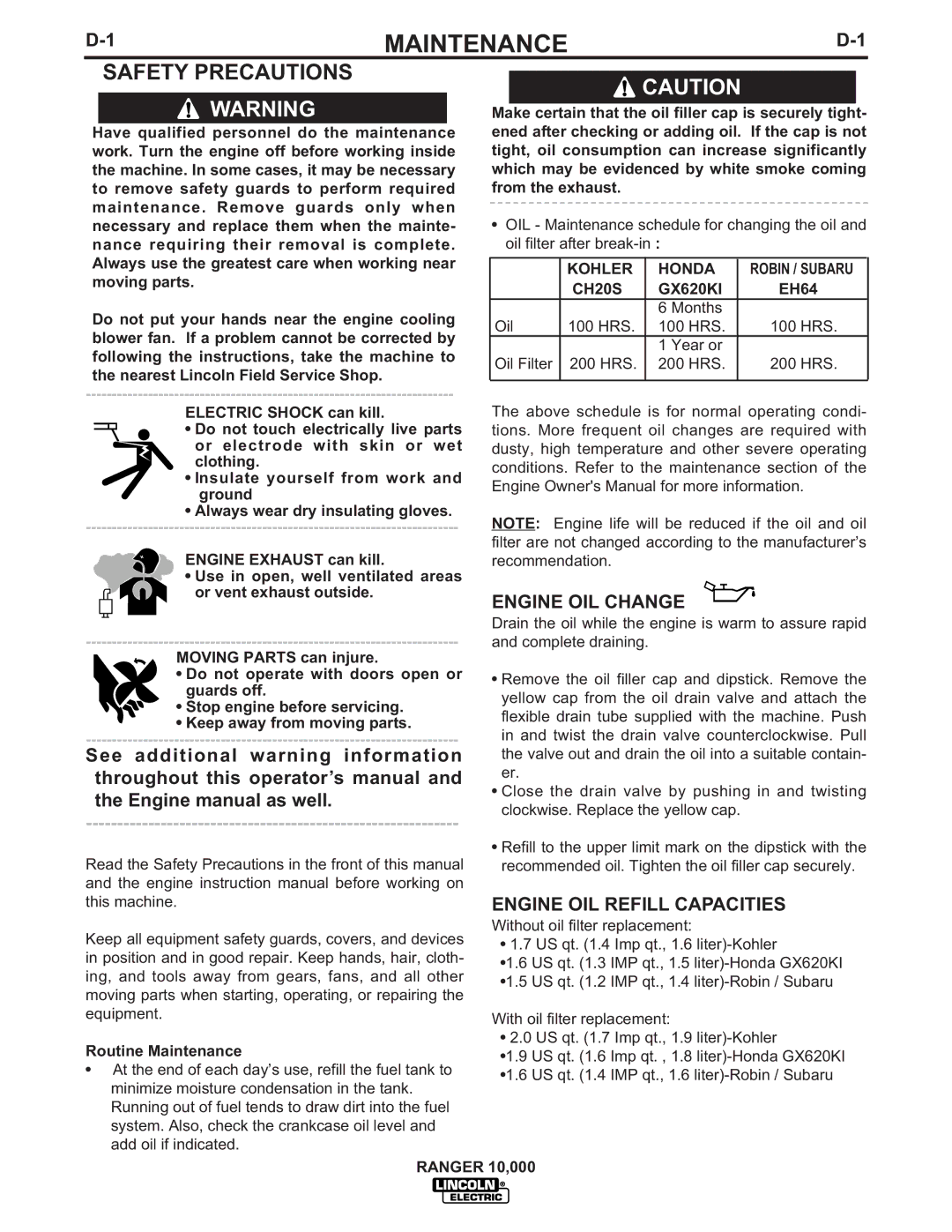 Lincoln Electric IM819-B manual Maintenance, Safety Precautions, Engine OIL Change, Engine OIL Refill Capacities 