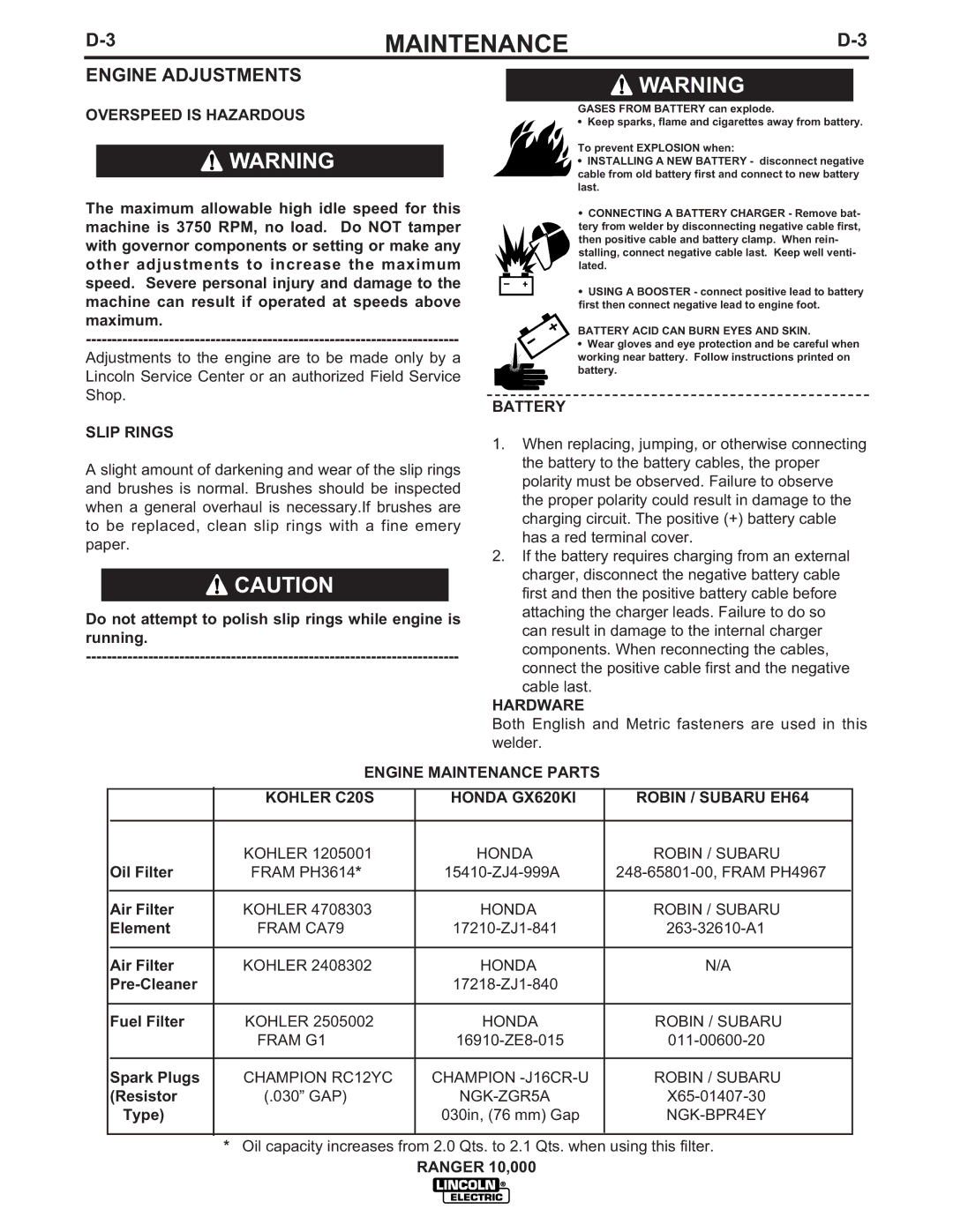 Lincoln Electric IM819-B manual Engine Adjustments, Overspeed is Hazardous, Slip Rings, Battery, Hardware 