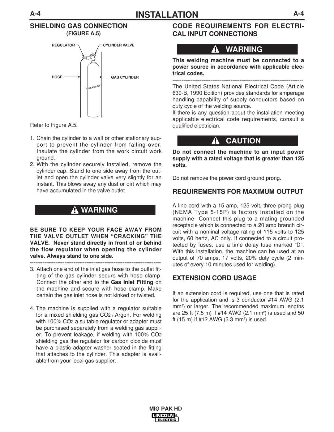 Lincoln Electric IM822 manual Shielding GAS Connection, Code Requirements for ELECTRI- CAL Input Connections 