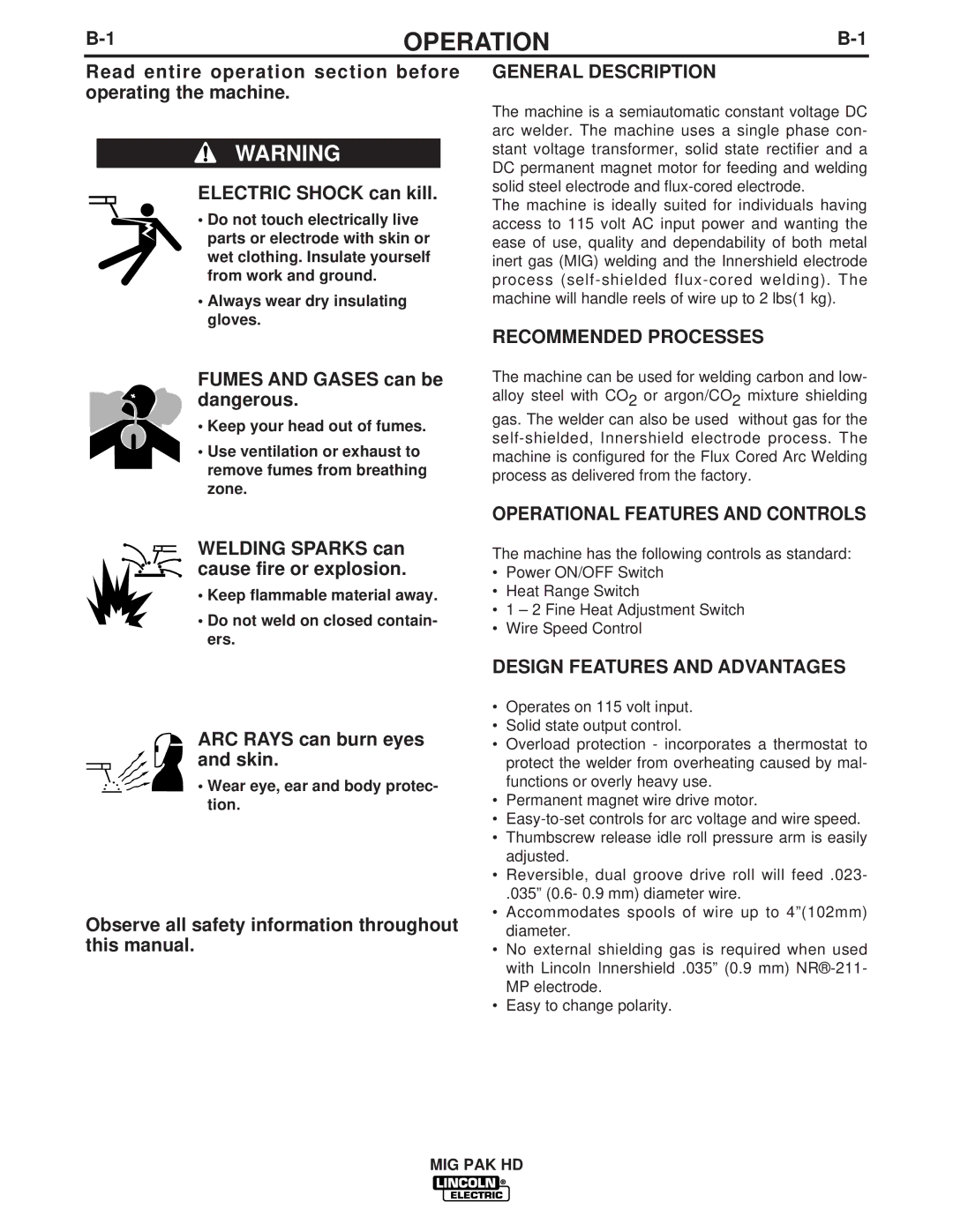 Lincoln Electric IM822 manual General Description, Recommended Processes, Operational Features and Controls 