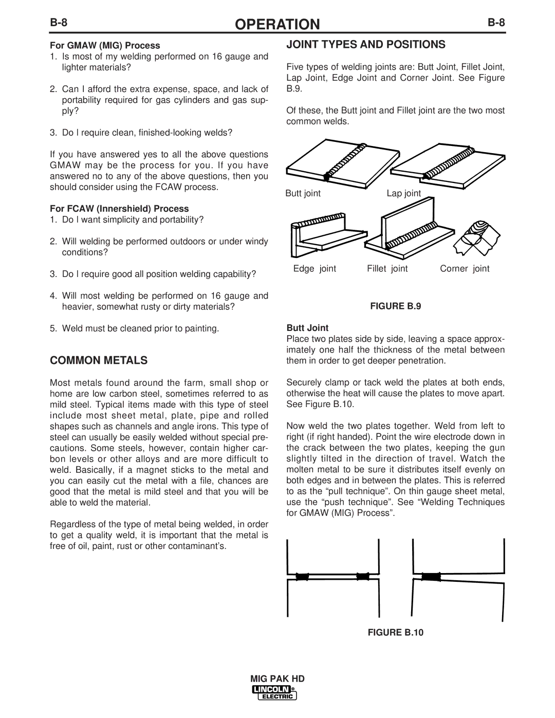 Lincoln Electric IM822 manual Common Metals, Joint Types and Positions, For Gmaw MIG Process, For Fcaw Innershield Process 