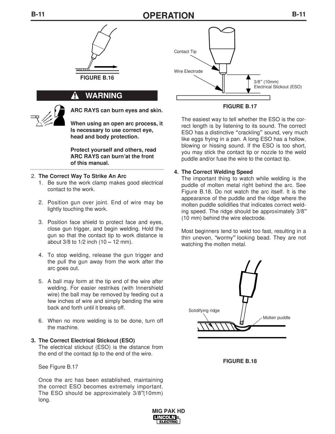 Lincoln Electric IM822 manual Correct Electrical Stickout ESO, Correct Welding Speed 