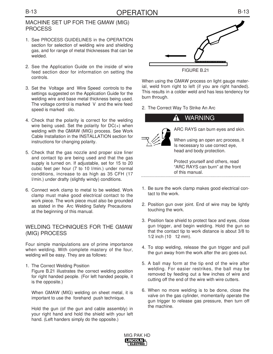 Lincoln Electric IM822 manual Machine SET UP for the Gmaw MIG Process, Welding Techniques for the Gmaw MIG Process 