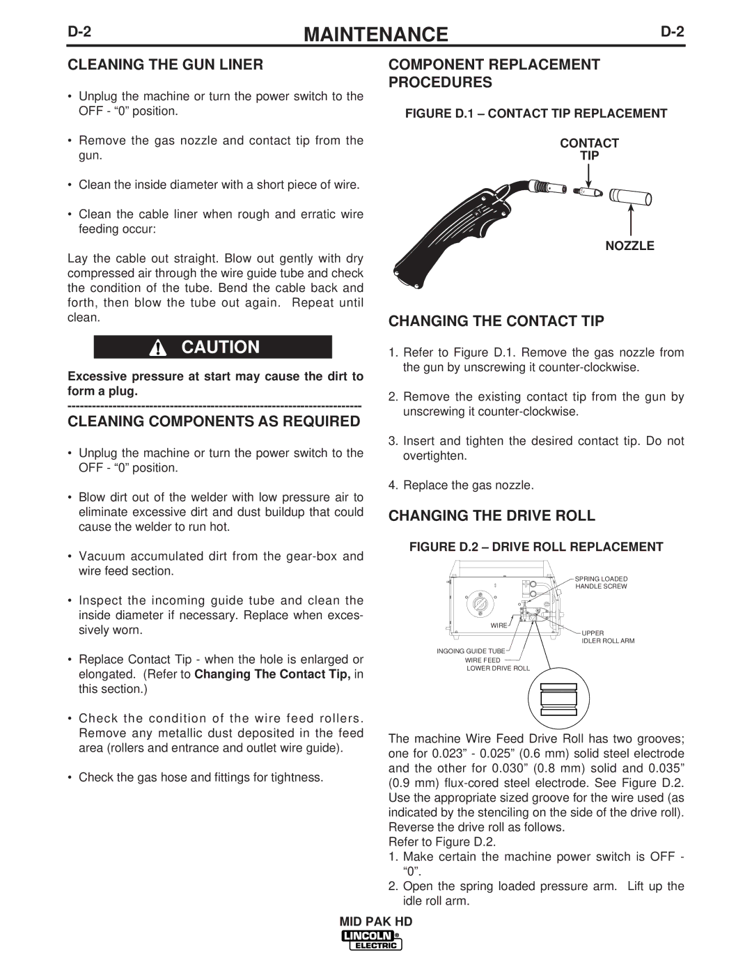 Lincoln Electric IM822 manual Cleaning the GUN Liner, Cleaning Components AS Required, Component Replacement Procedures 