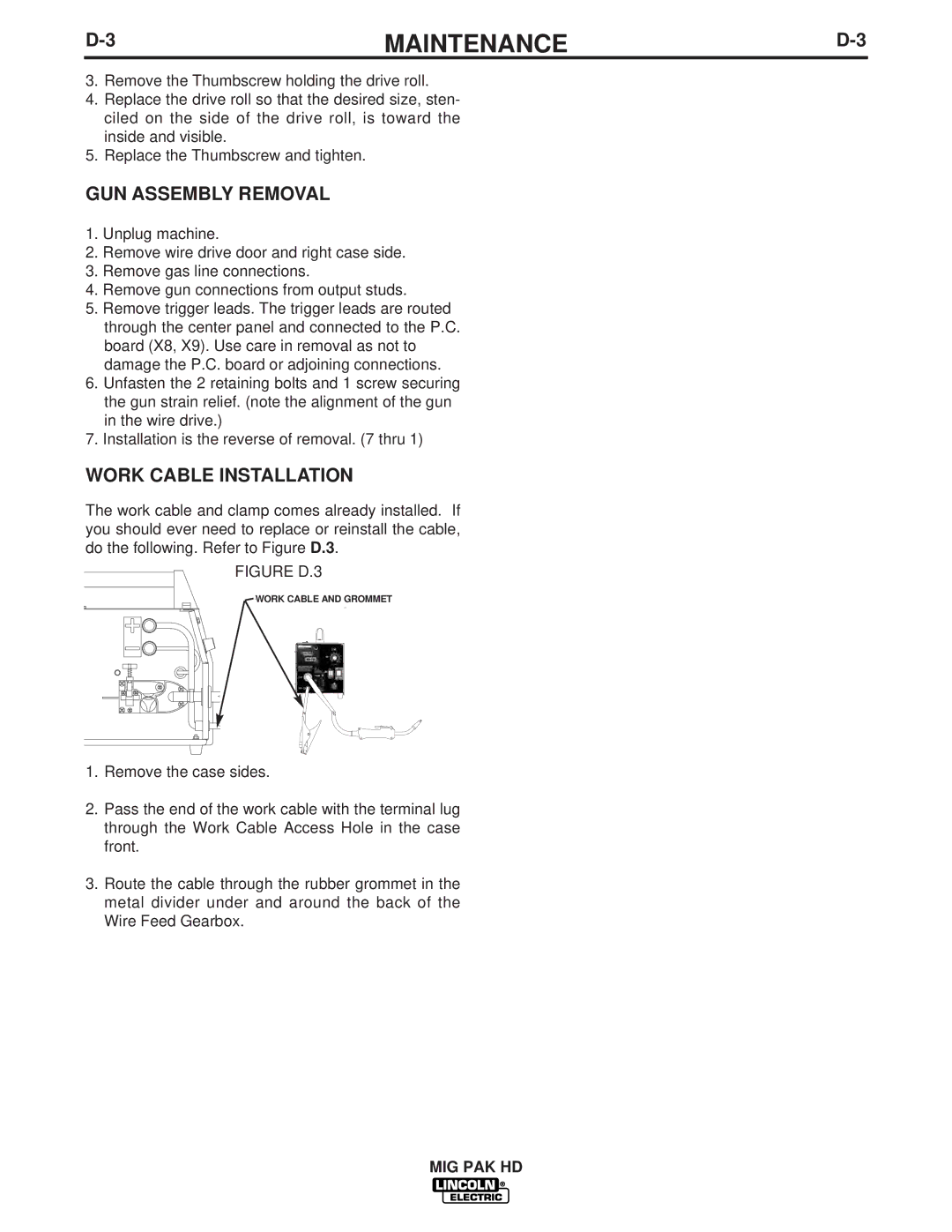 Lincoln Electric IM822 manual GUN Assembly Removal, Work Cable Installation 