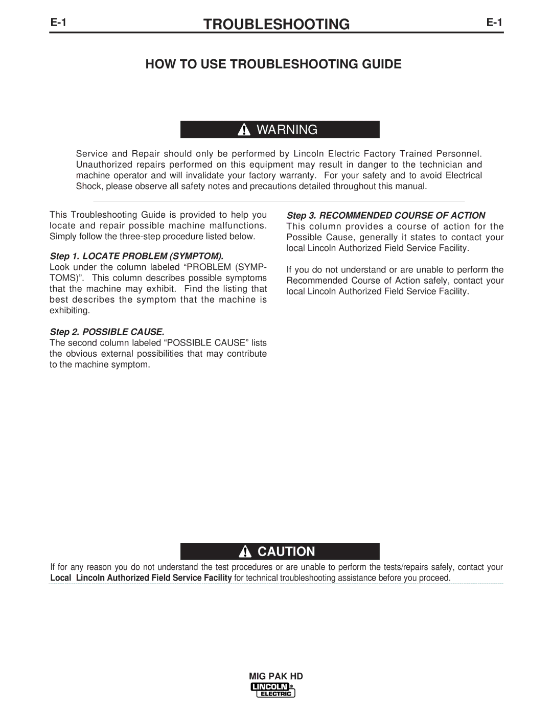 Lincoln Electric IM822 manual HOW to USE Troubleshooting Guide 