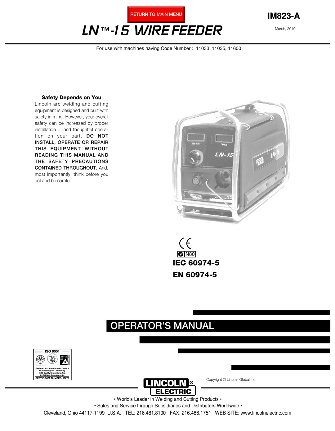 Lincoln Electric IM823-A manual LN -15 Wire Feeder 