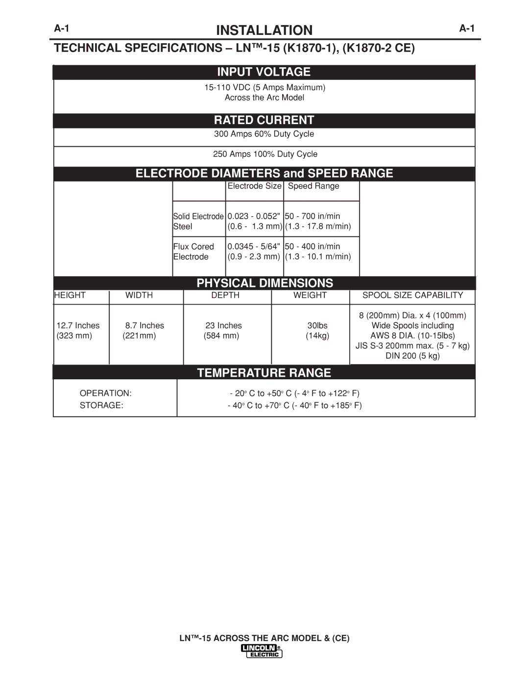 Lincoln Electric IM823-A Installation, Technical Specifications LN-15 K1870-1, K1870-2 CE, LN-15 Across the ARC Model & CE 