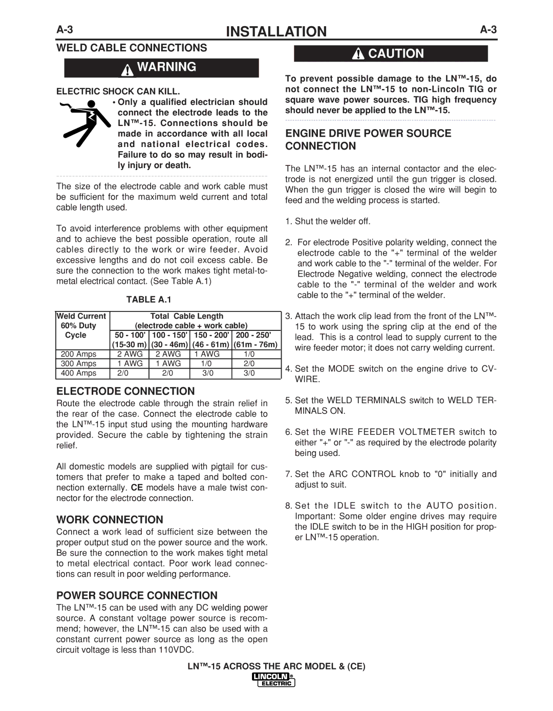 Lincoln Electric IM823-A manual Weld Cable Connections, Electrode Connection, Work Connection, Power Source Connection 