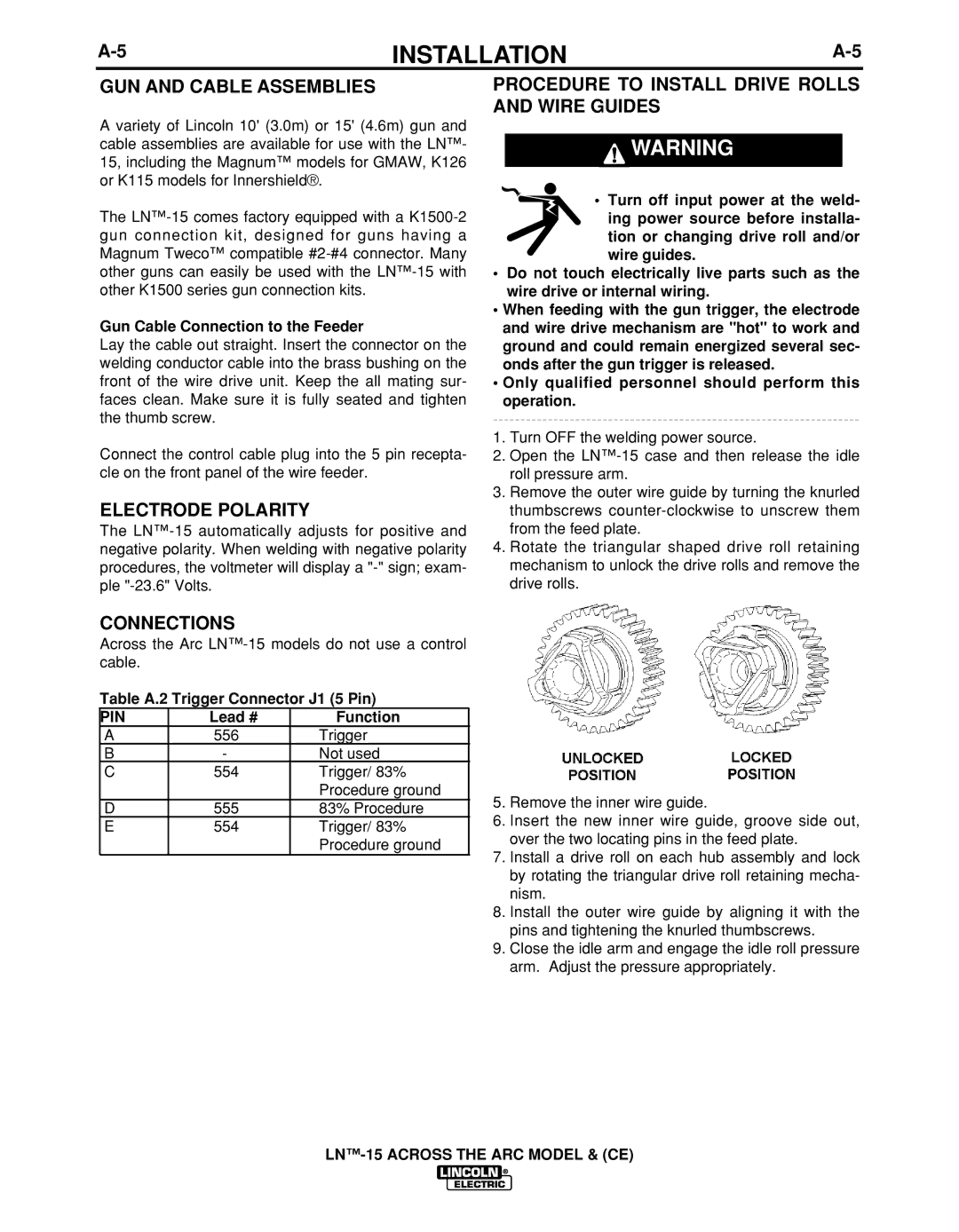 Lincoln Electric IM823-A GUN and Cable Assemblies, Electrode Polarity, Procedure to Install Drive Rolls and Wire Guides 