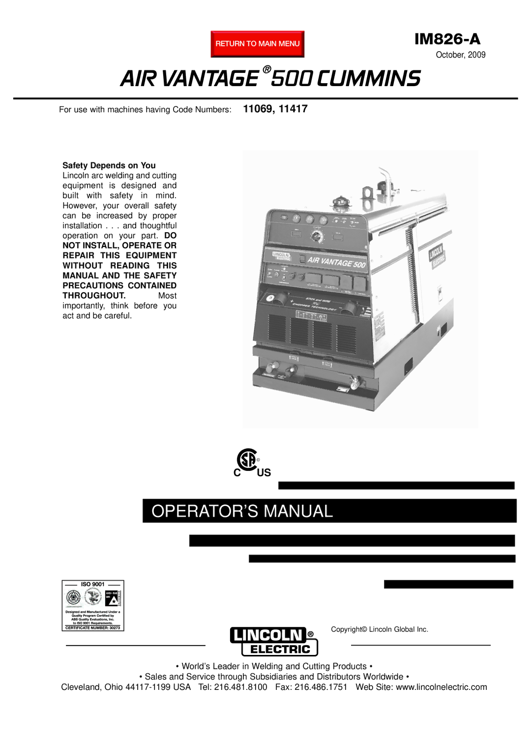 Lincoln Electric IM826-A manual AIR Vantage 500 Cummins 