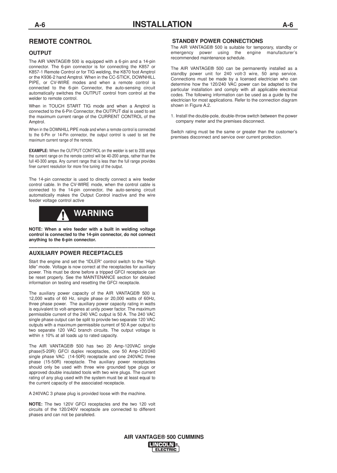 Lincoln Electric IM826-A manual Remote Control, Output, Auxiliary Power Receptacles, Standby Power Connections 