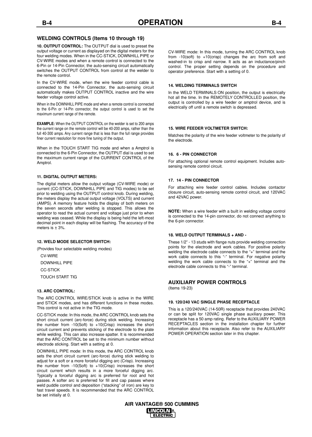 Lincoln Electric IM826-A manual Auxiliary Power Controls 