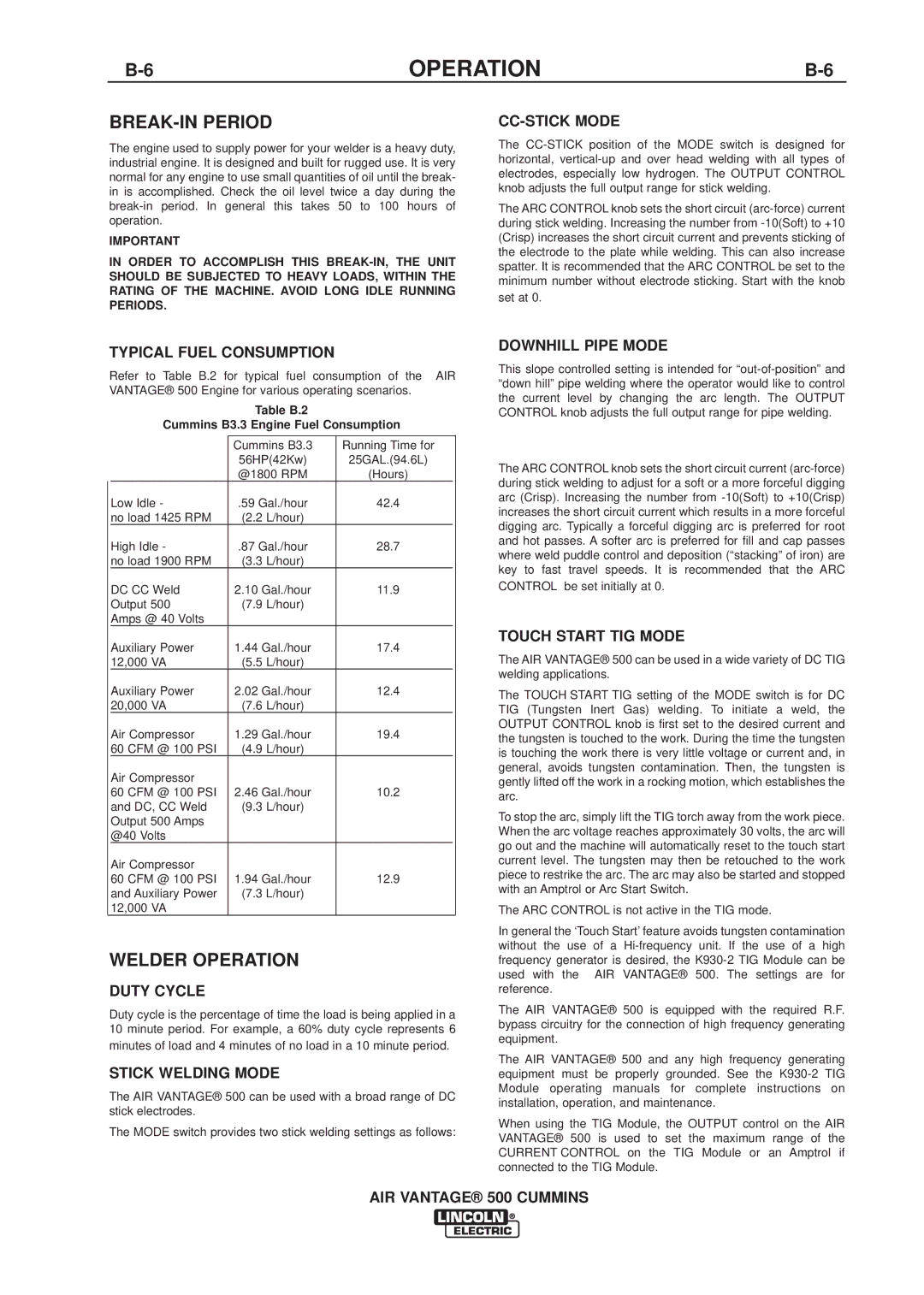 Lincoln Electric IM826-A manual BREAK-IN Period, Welder Operation 