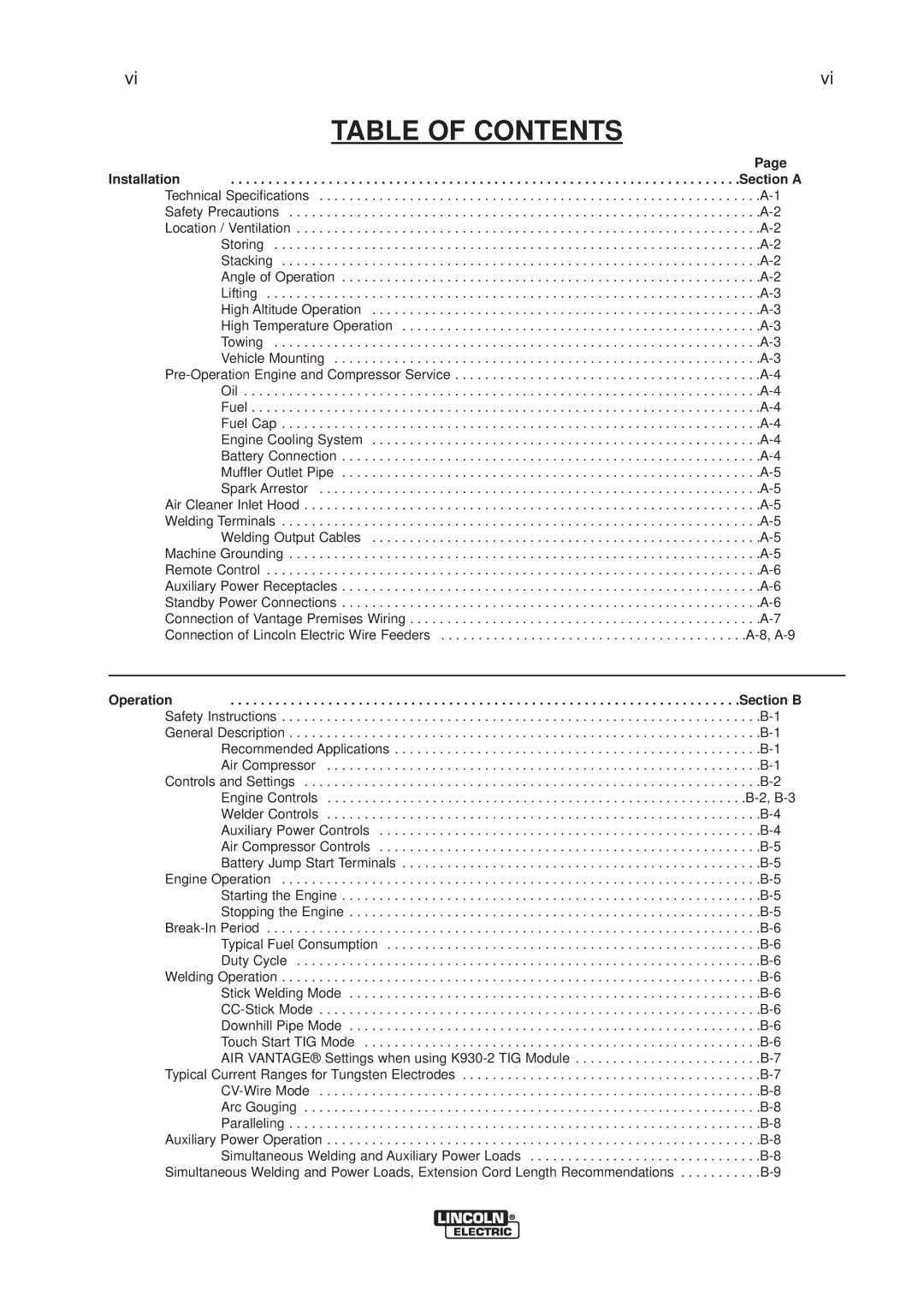 Lincoln Electric IM826-A manual Table of Contents 