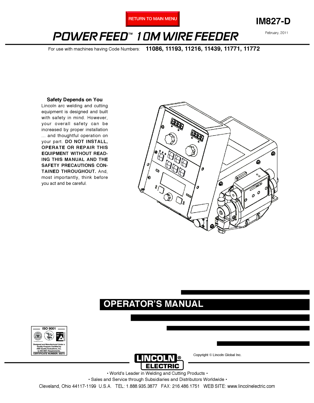 Lincoln Electric IM827-D manual Power Feed 10M Wire Feeder, Safety Depends on You 