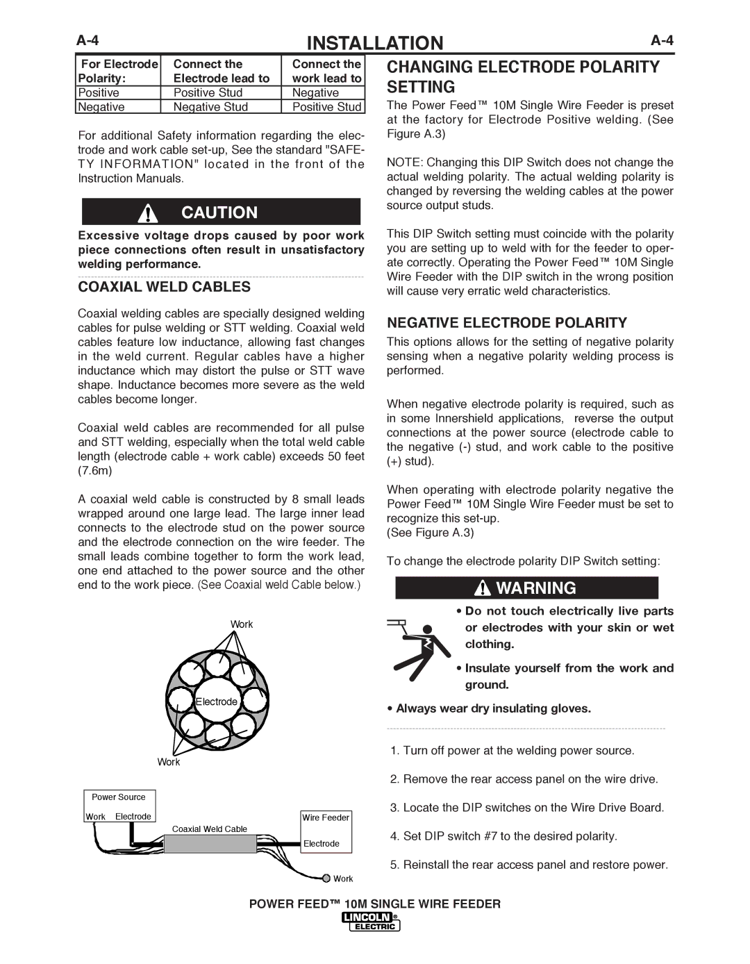 Lincoln Electric IM827-D manual COAxIAL Weld CAbLES, Negative Electrode Polarity 