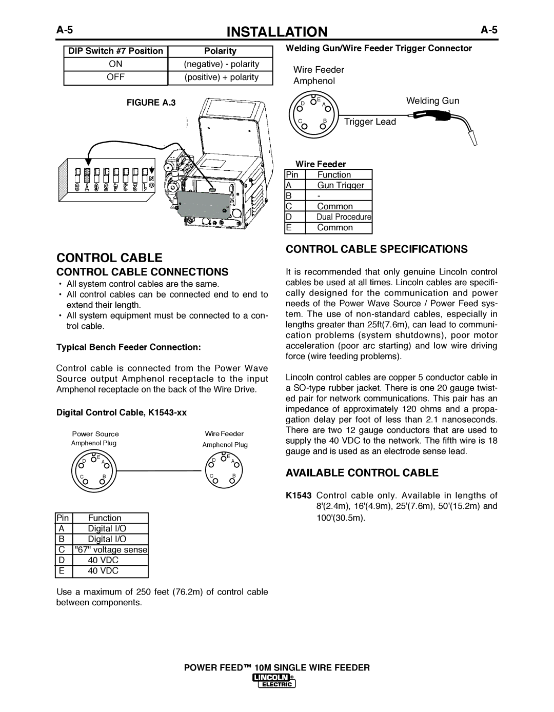 Lincoln Electric IM827-D manual Control CAbLE Connections, Control CAbLE Specifications, AVAILAbLE Control CAbLE 