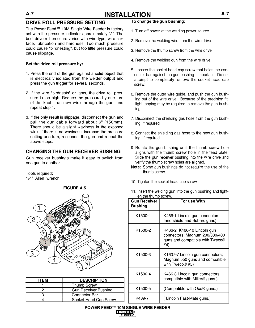 Lincoln Electric IM827-D Drive Roll Pressure Setting, Changing the GUN Receiver bUSHING, Set the drive roll pressure by 