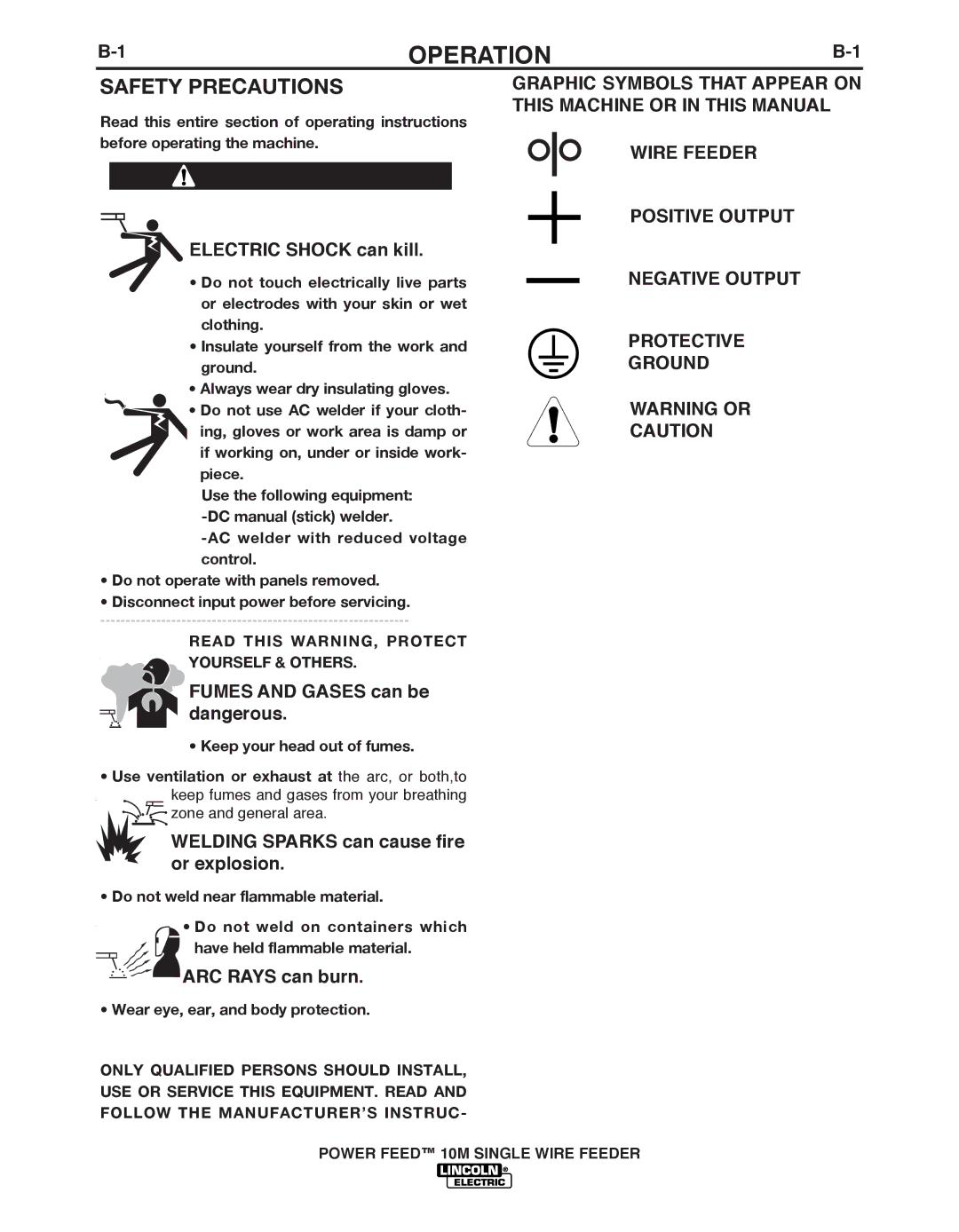 Lincoln Electric IM827-D manual Operation, Fumes and Gases can be dangerous, Welding Sparks can cause fire or explosion 